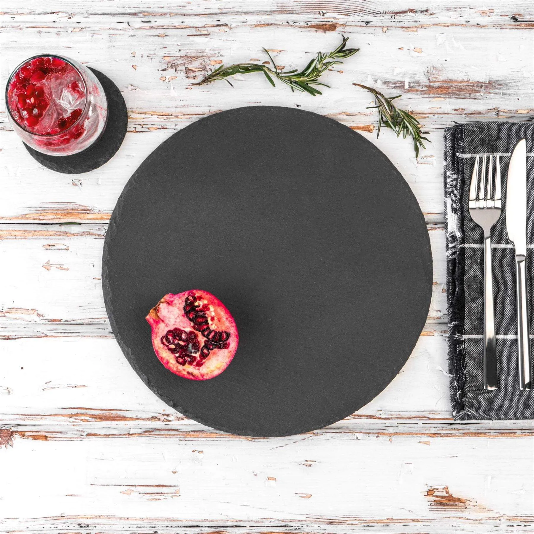 12pc Black Round Slate Placemats & Coasters Set - By Argon Tableware