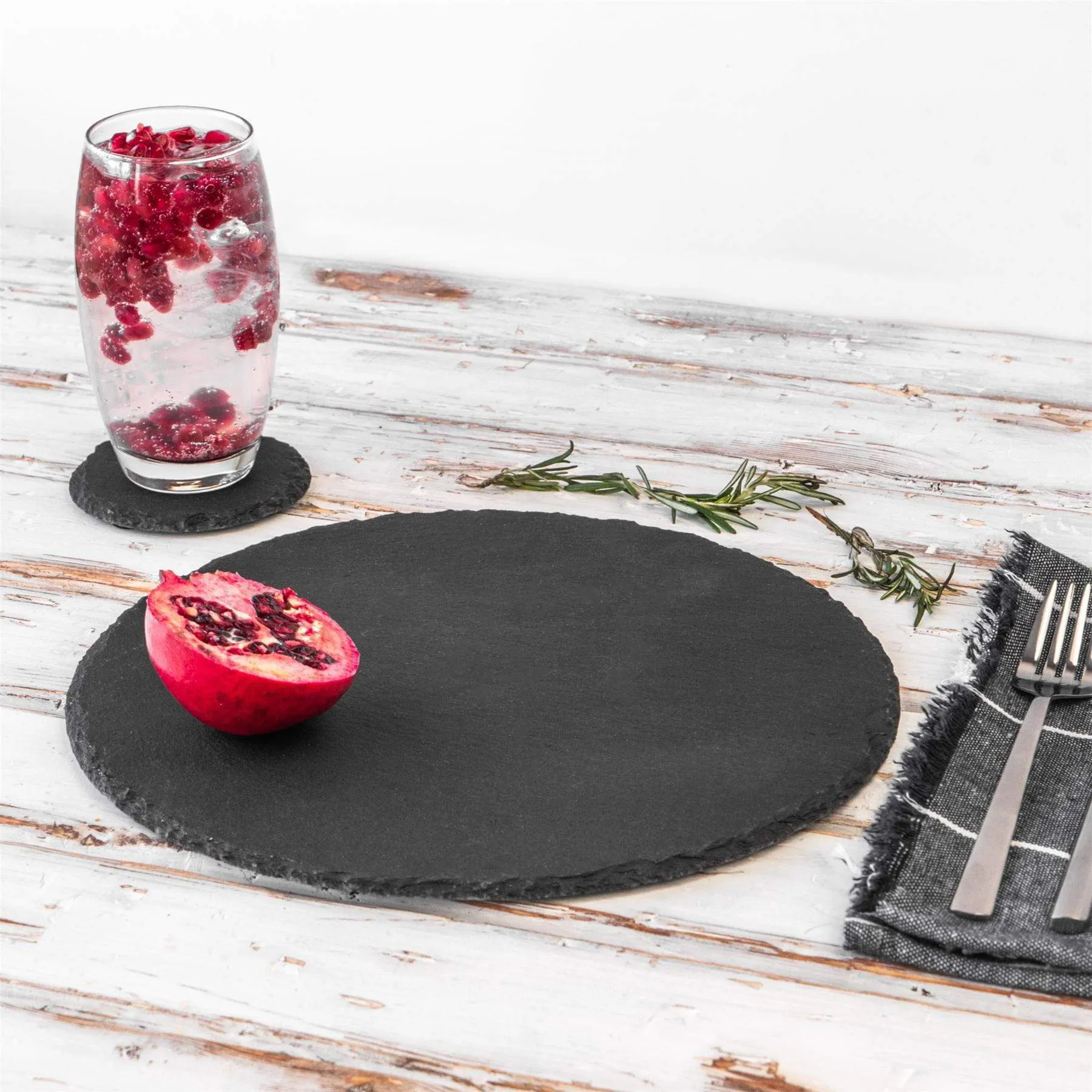12pc Black Round Slate Placemats & Coasters Set - By Argon Tableware
