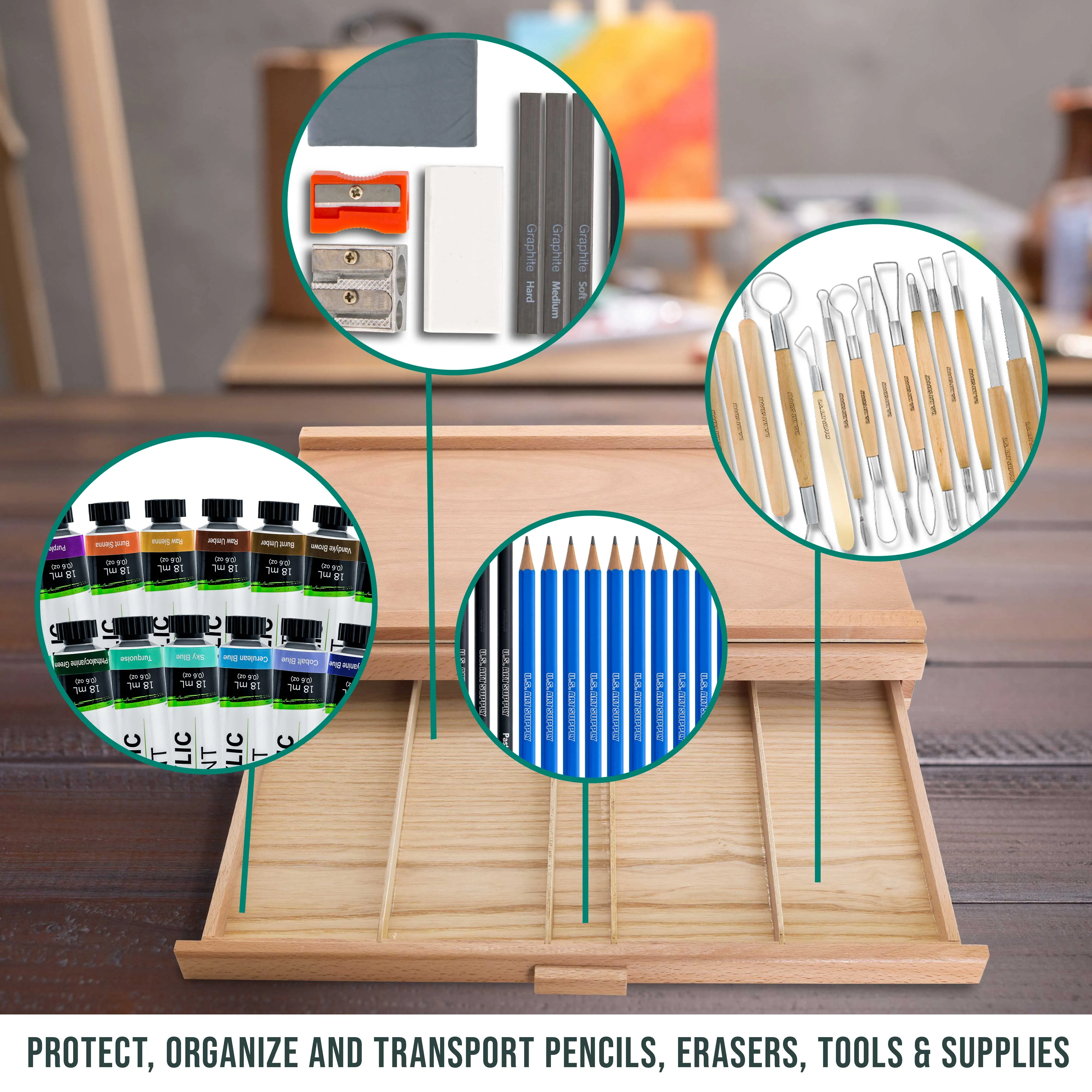 2-Drawer Artist Wood Pastel, Pen, Marker Storage Box - Elm Hardwood Construction, 5 Compartments per Drawer - Ideal for Pastels, Pens, Pencils, Charcoal, Blending Tools, and More