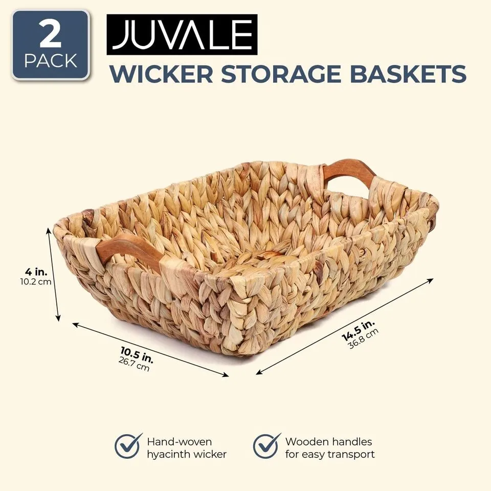 2 Pack Woven Hyacinth Storage Baskets with Handles for Shelves, 14.5x10.5x4 In