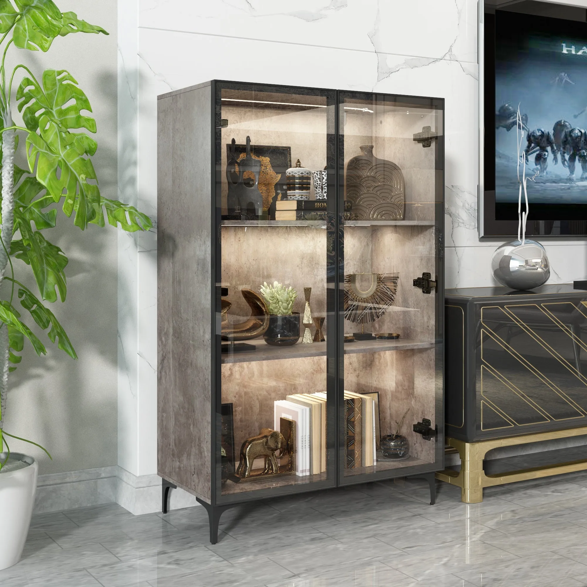 3-Tier Glass Door Display Case With LED Light
