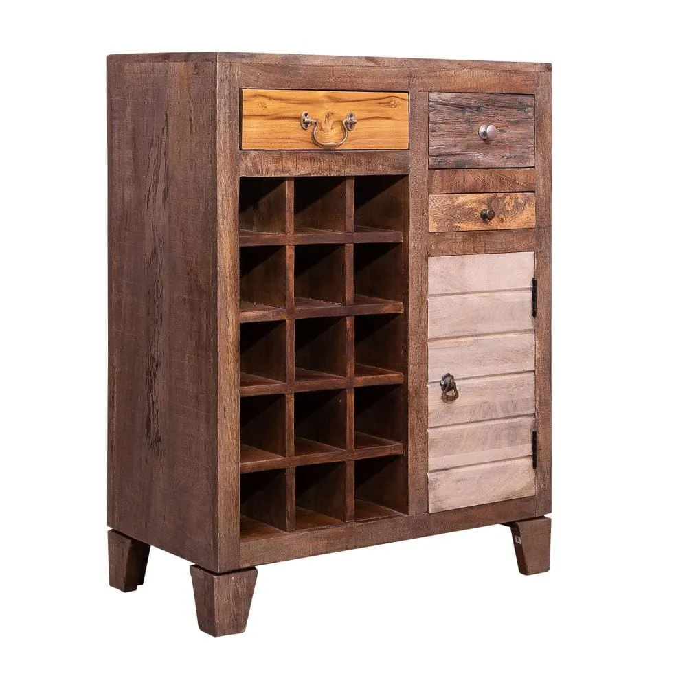 35 Inch 3 Drawer Mango Wood 15 Bottle Wine Accent Cabinet with 1 Door Storage, Brown By The Urban Port