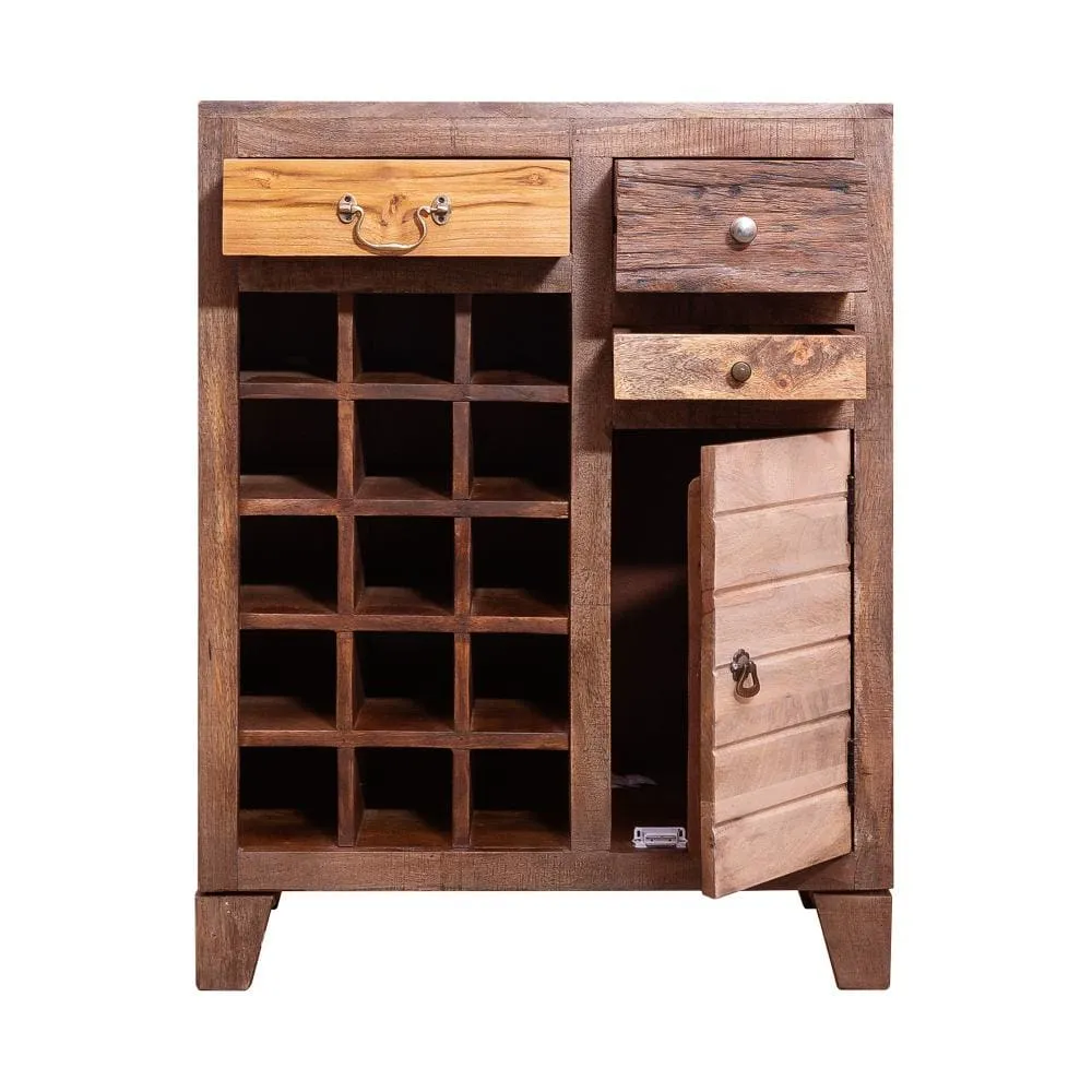 35 Inch 3 Drawer Mango Wood 15 Bottle Wine Accent Cabinet with 1 Door Storage, Brown By The Urban Port