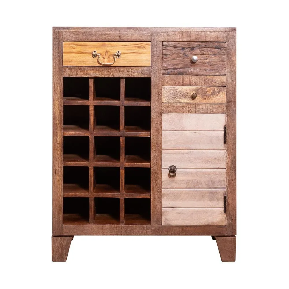 35 Inch 3 Drawer Mango Wood 15 Bottle Wine Accent Cabinet with 1 Door Storage, Brown By The Urban Port