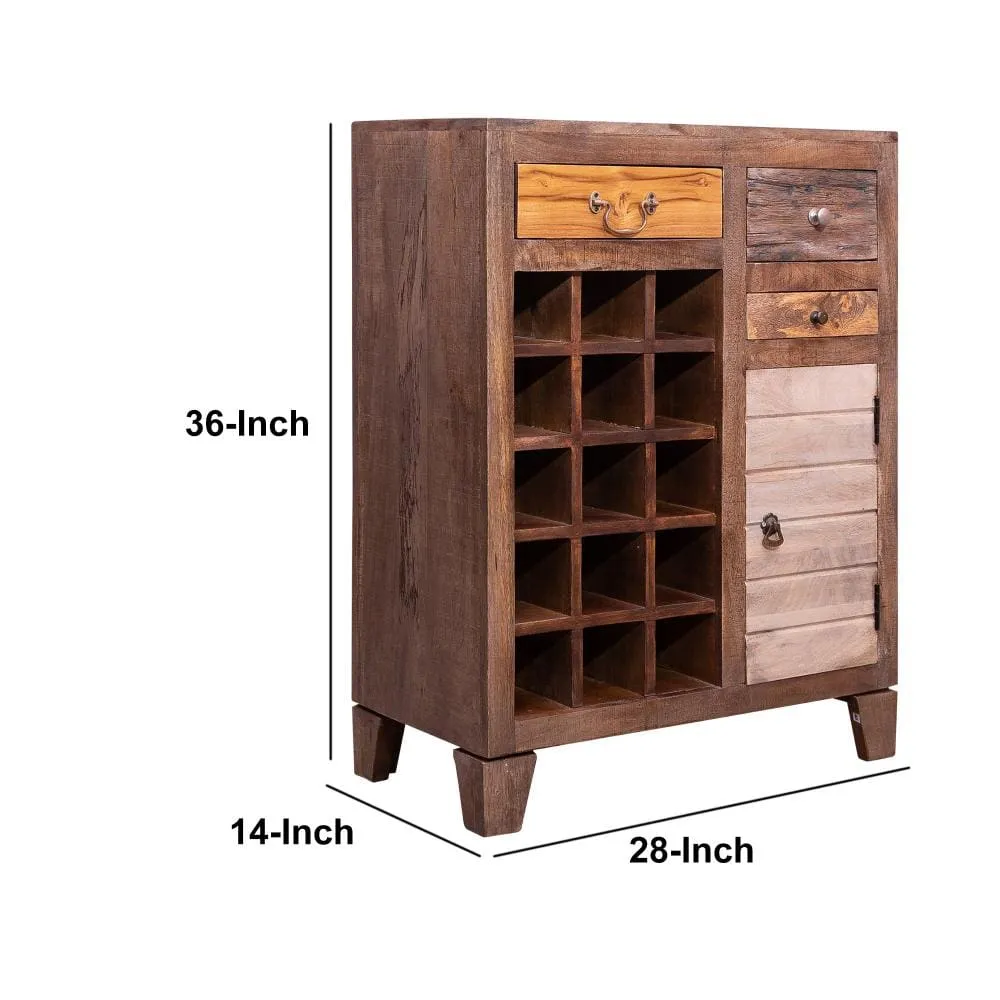 35 Inch 3 Drawer Mango Wood 15 Bottle Wine Accent Cabinet with 1 Door Storage, Brown By The Urban Port