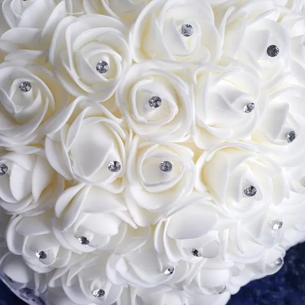 4 PCS White Artificial Rhinestone Studded Foam Rose Flower Wedding Bridal Bouquet With White Satin Ribbon Bows