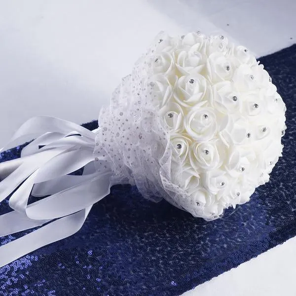 4 PCS White Artificial Rhinestone Studded Foam Rose Flower Wedding Bridal Bouquet With White Satin Ribbon Bows