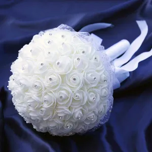 4 PCS White Artificial Rhinestone Studded Foam Rose Flower Wedding Bridal Bouquet With White Satin Ribbon Bows