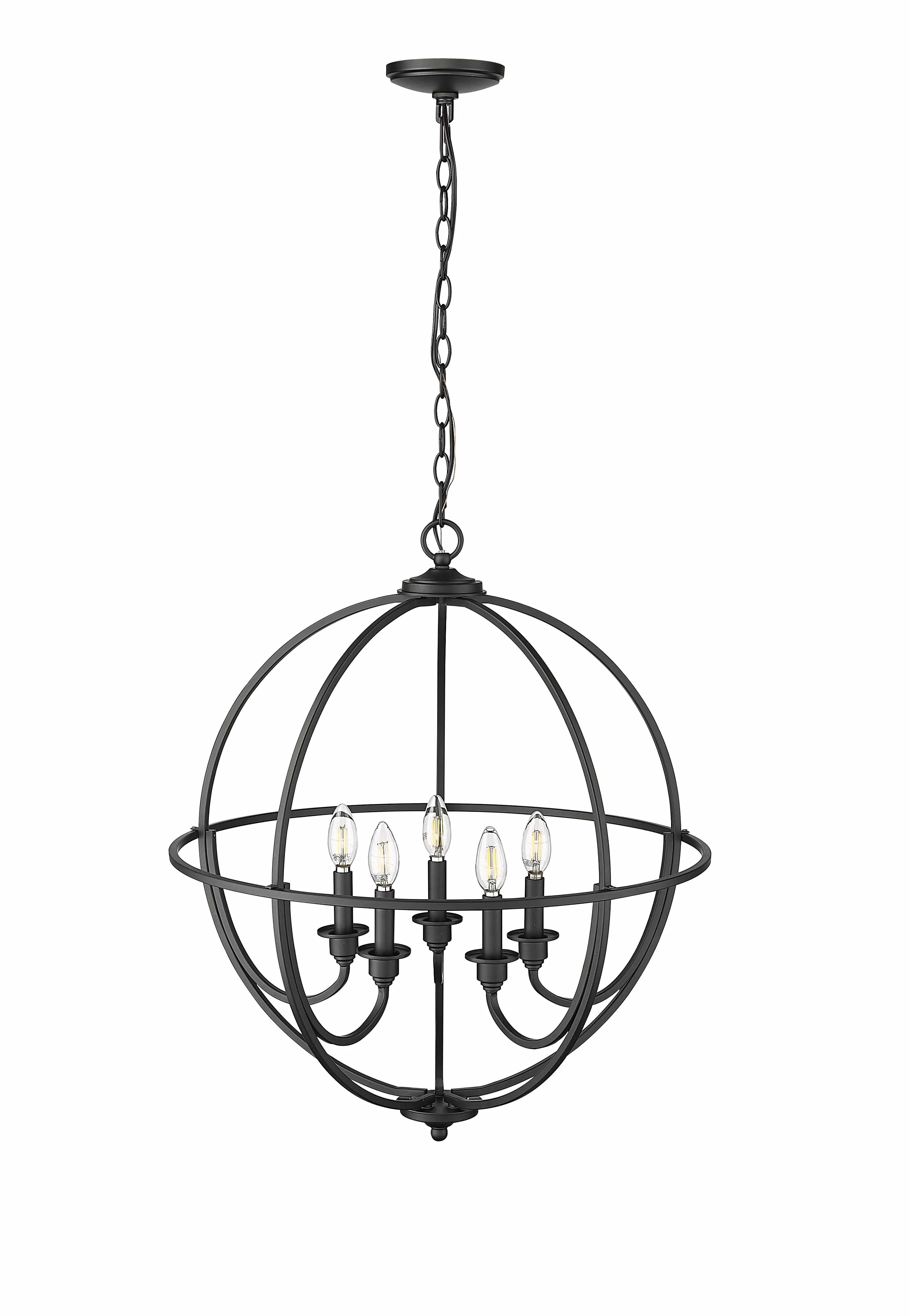 5 Lamps Artemis Chandelier - Matte Black - White Fabric Shade - 24in Diameter - E12 Candelabra Base