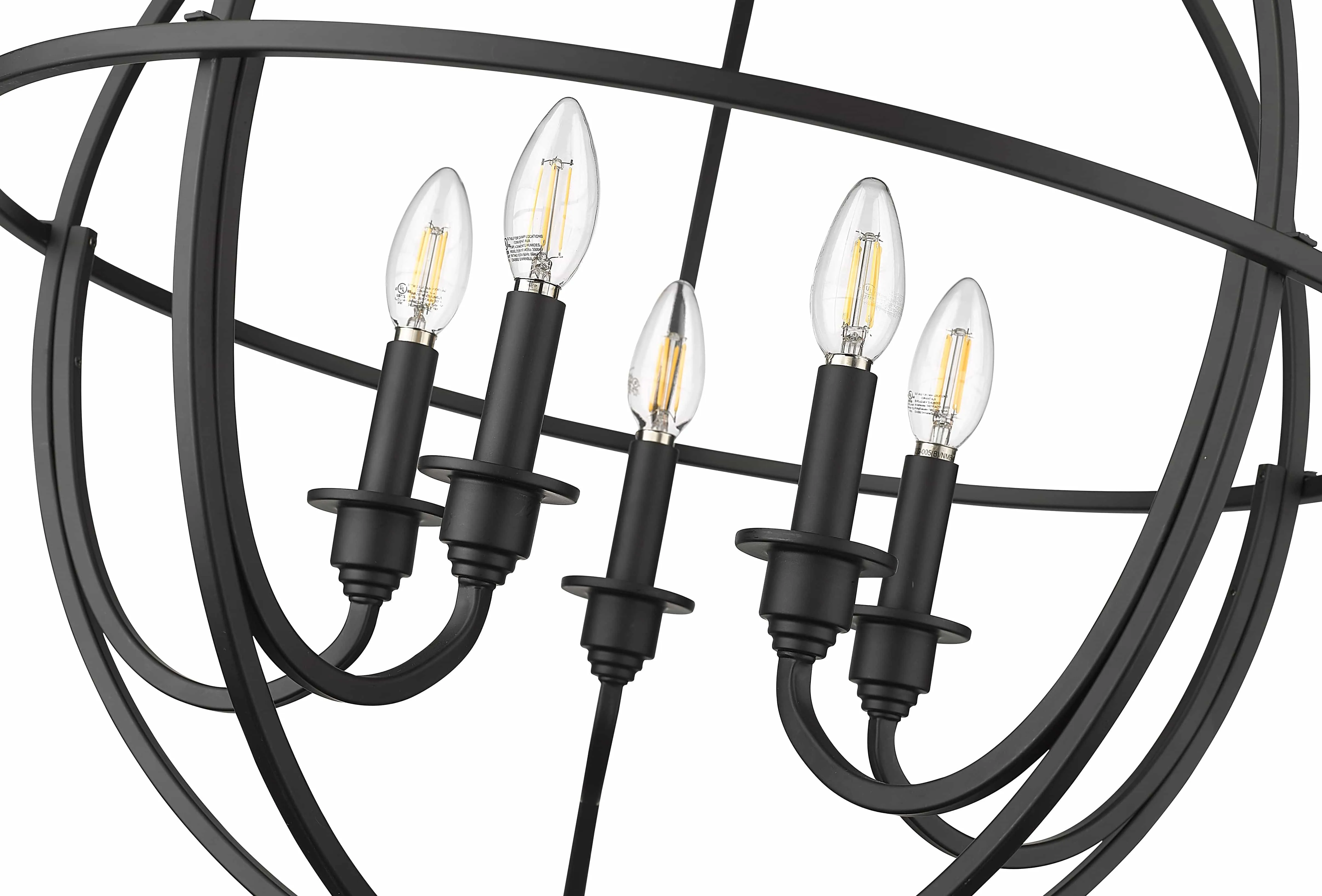 5 Lamps Artemis Chandelier - Matte Black - White Fabric Shade - 24in Diameter - E12 Candelabra Base