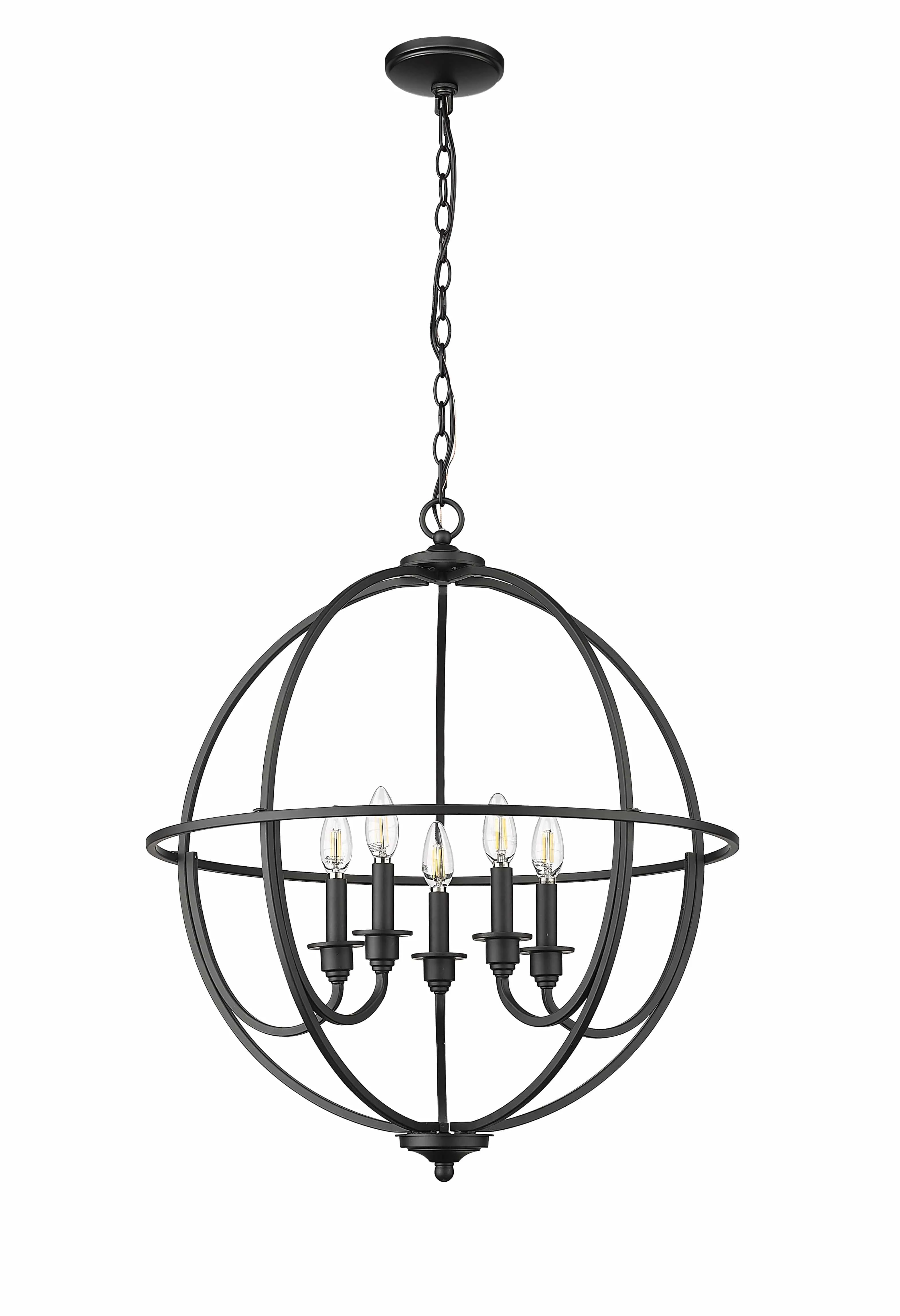 5 Lamps Artemis Chandelier - Matte Black - White Fabric Shade - 24in Diameter - E12 Candelabra Base