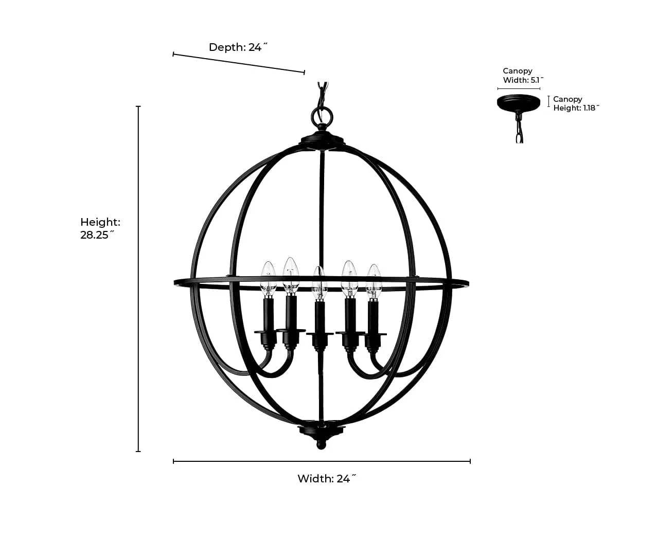 5 Lamps Artemis Chandelier - Matte Black - White Fabric Shade - 24in Diameter - E12 Candelabra Base