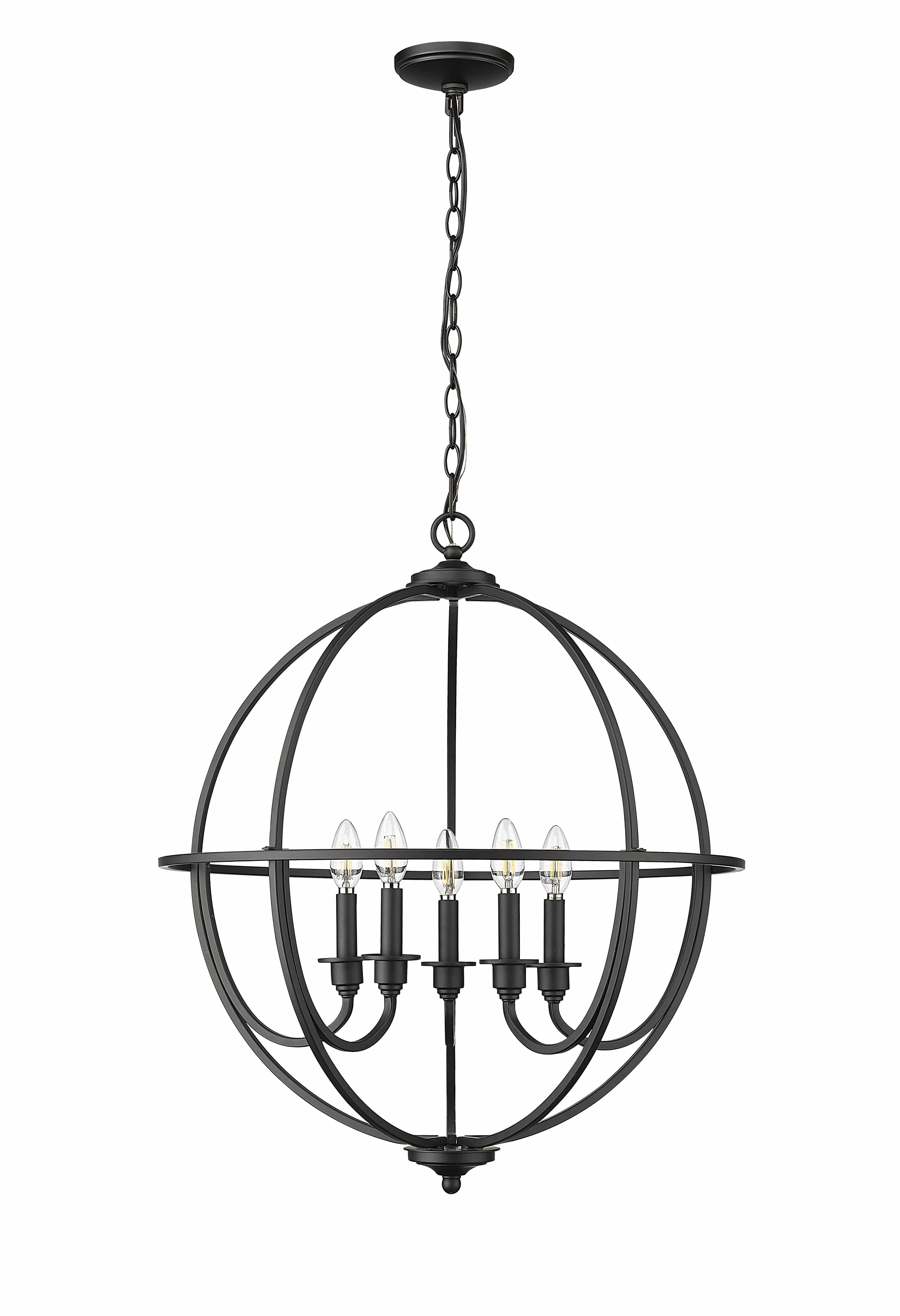 5 Lamps Artemis Chandelier - Matte Black - White Fabric Shade - 24in Diameter - E12 Candelabra Base