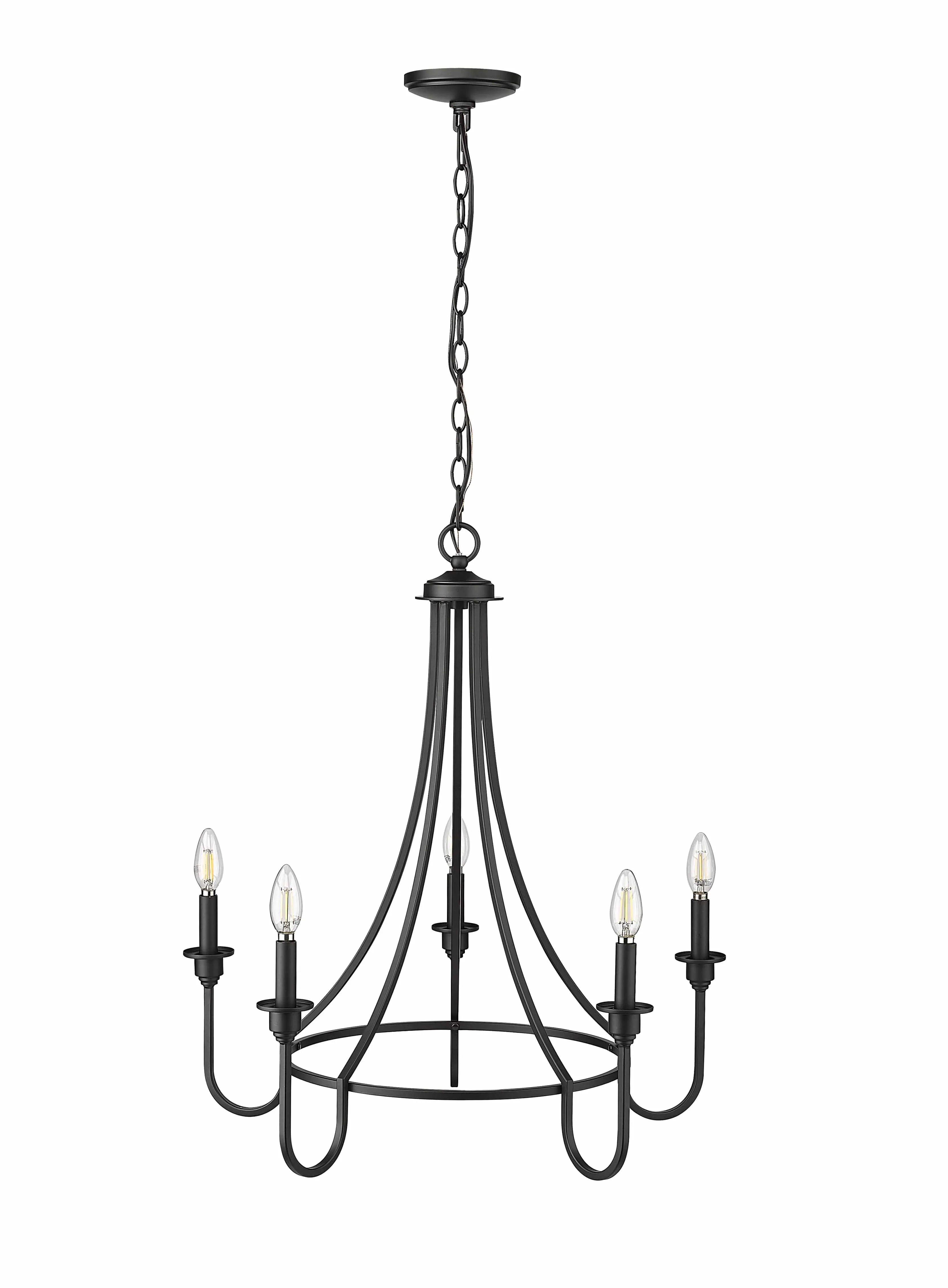 5 Lamps Artemis Chandelier - Matte Black - White Fabric Shade - 26in Diameter - E12 Candelabra Base
