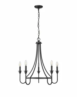5 Lamps Artemis Chandelier - Matte Black - White Fabric Shade - 26in Diameter - E12 Candelabra Base