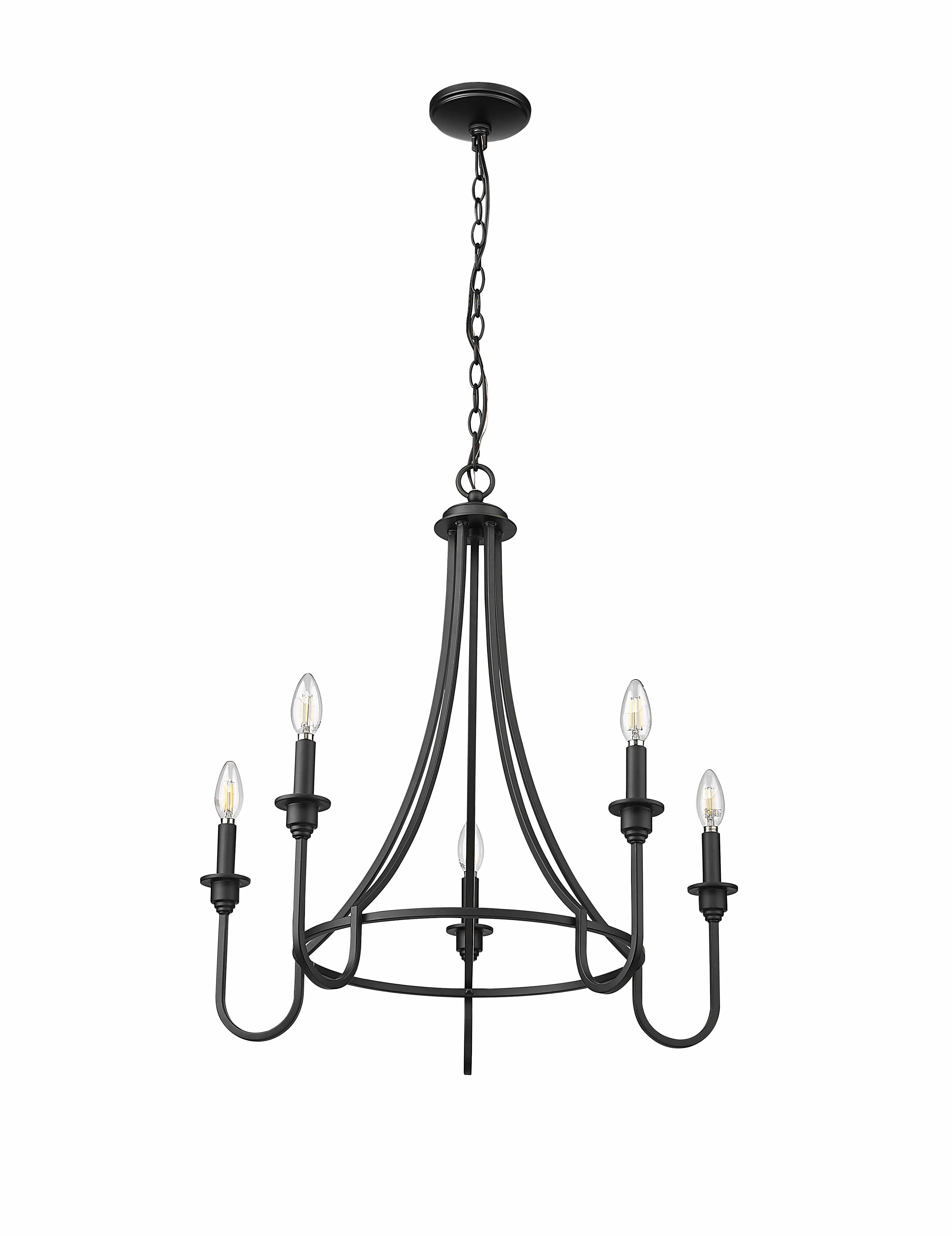 5 Lamps Artemis Chandelier - Matte Black - White Fabric Shade - 26in Diameter - E12 Candelabra Base