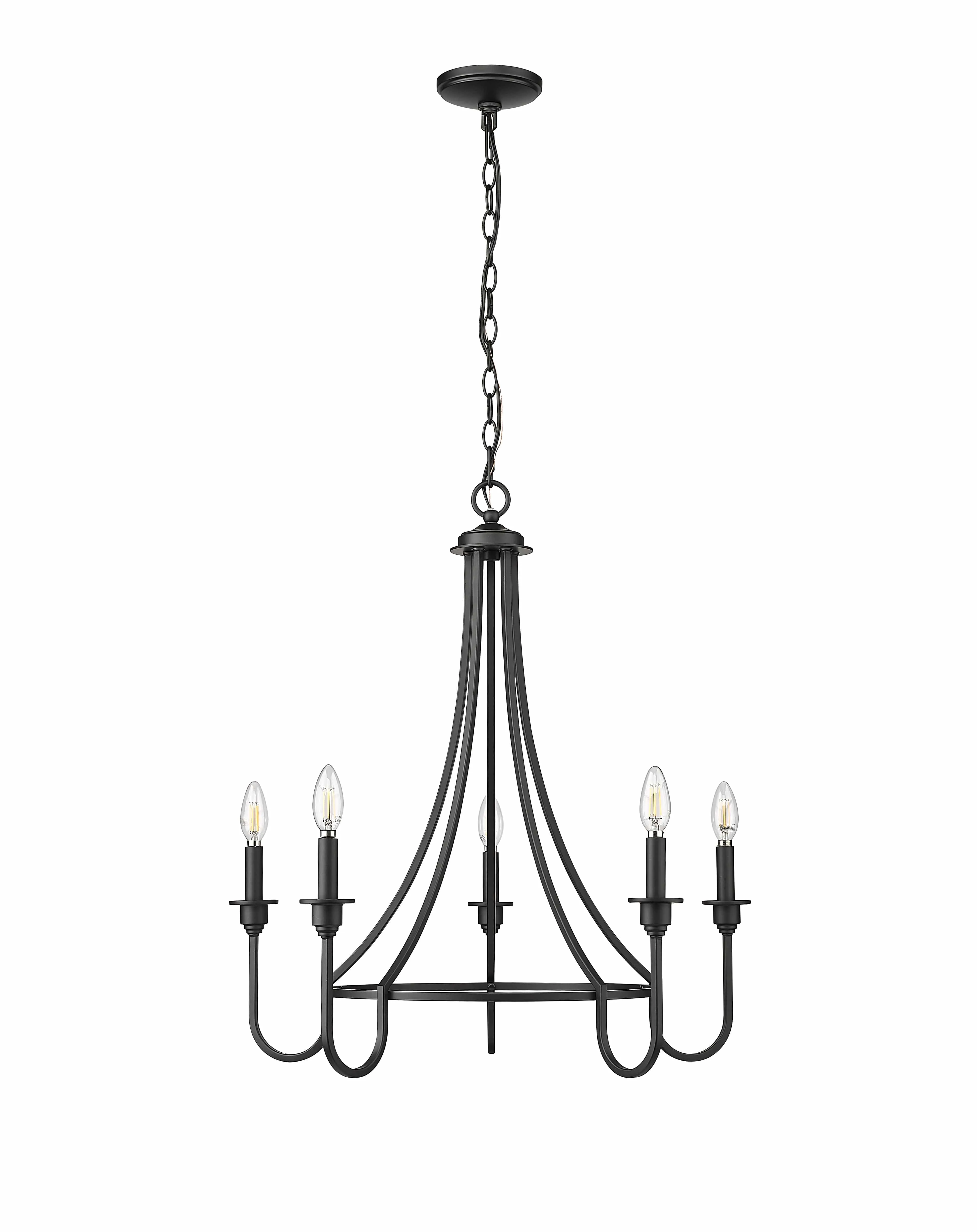 5 Lamps Artemis Chandelier - Matte Black - White Fabric Shade - 26in Diameter - E12 Candelabra Base