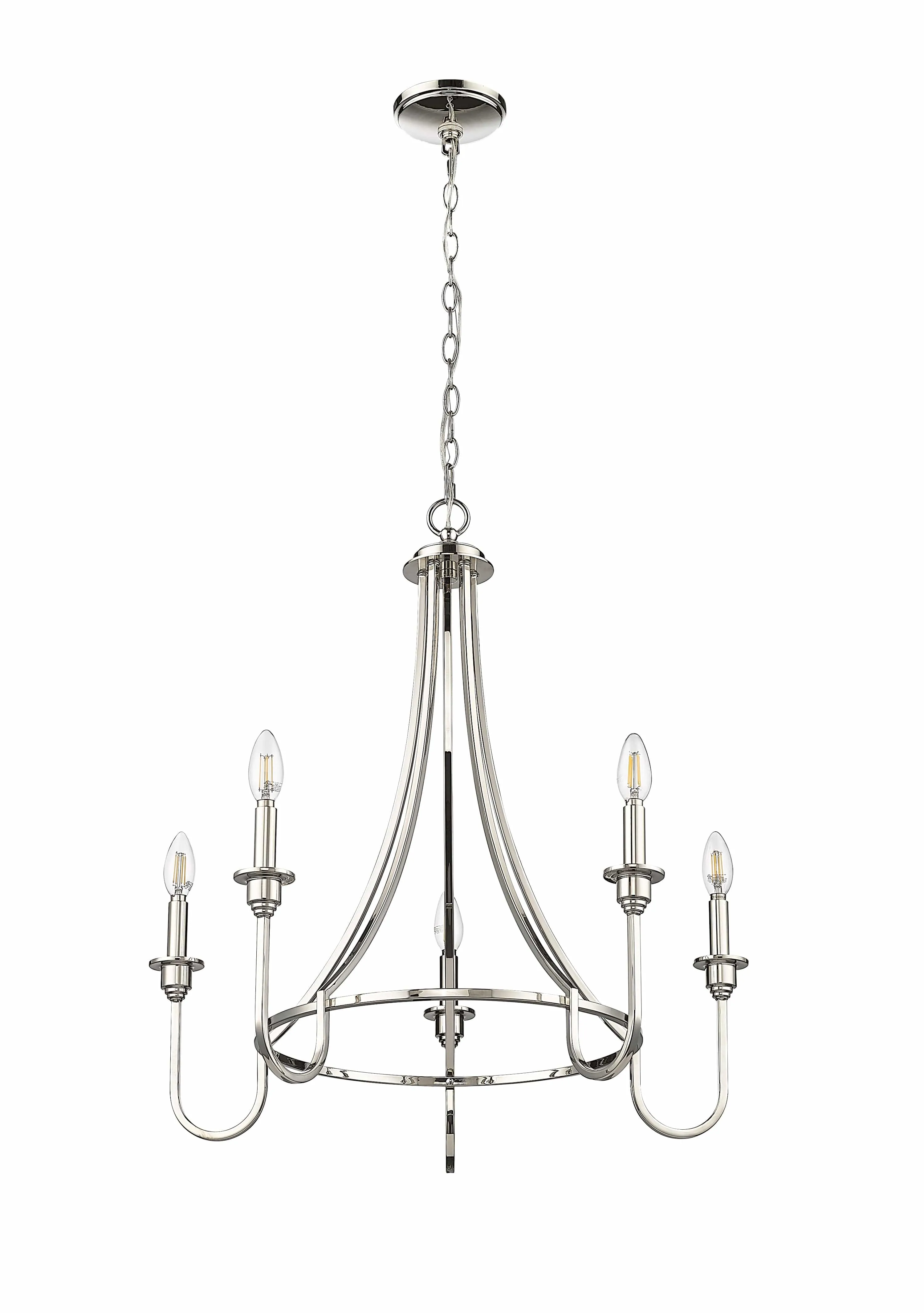 5 Lamps Artemis Chandelier - Polished Nickel - White Fabric Shade - 26in Diameter - E12 Candelabra Base