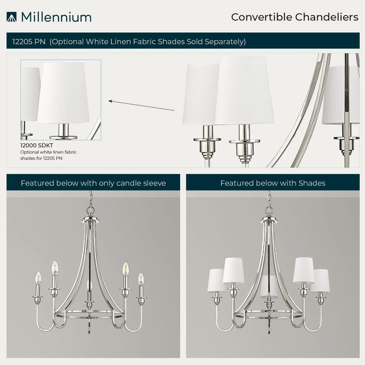 5 Lamps Artemis Chandelier - Polished Nickel - White Fabric Shade - 26in Diameter - E12 Candelabra Base
