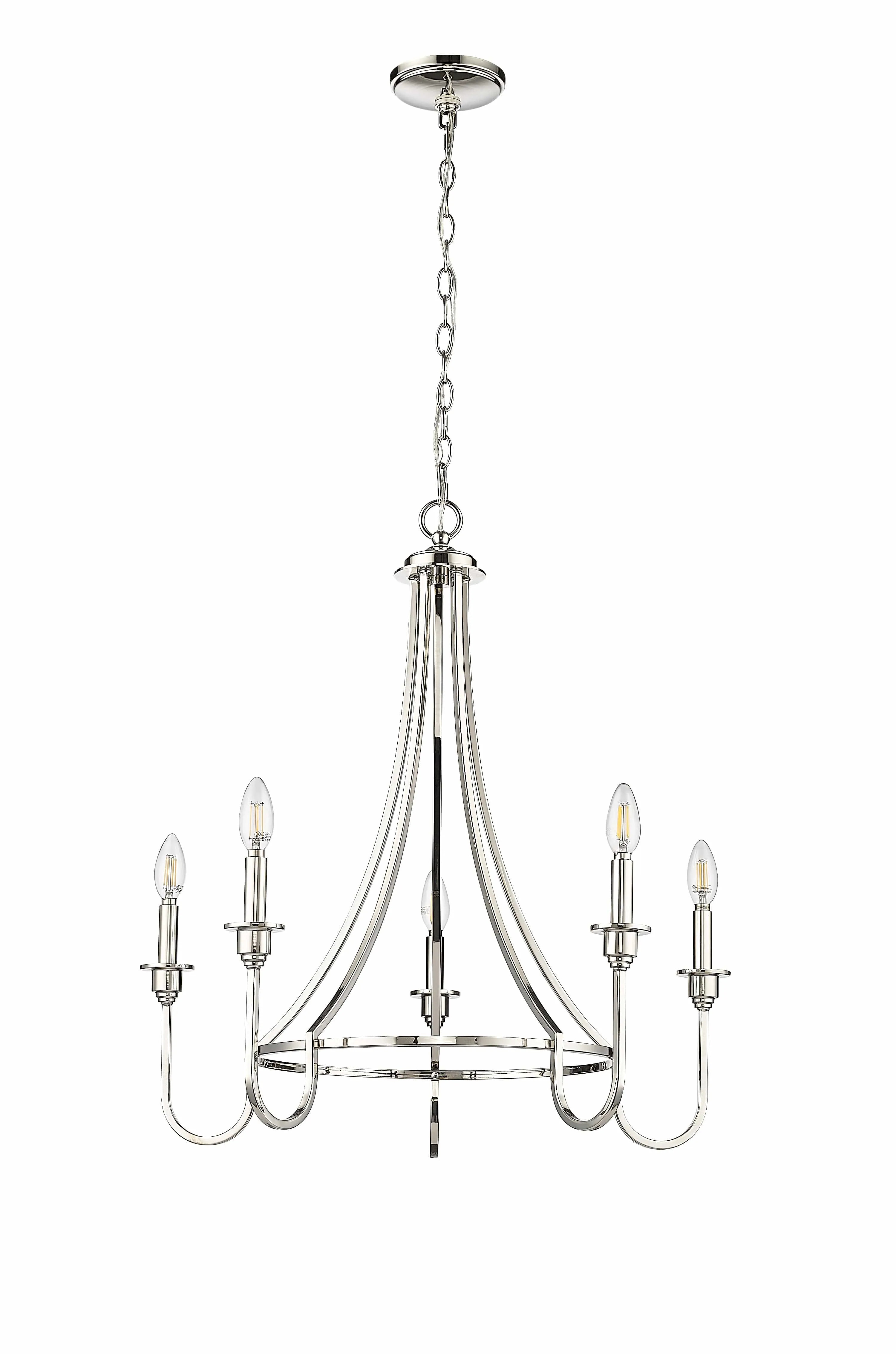 5 Lamps Artemis Chandelier - Polished Nickel - White Fabric Shade - 26in Diameter - E12 Candelabra Base
