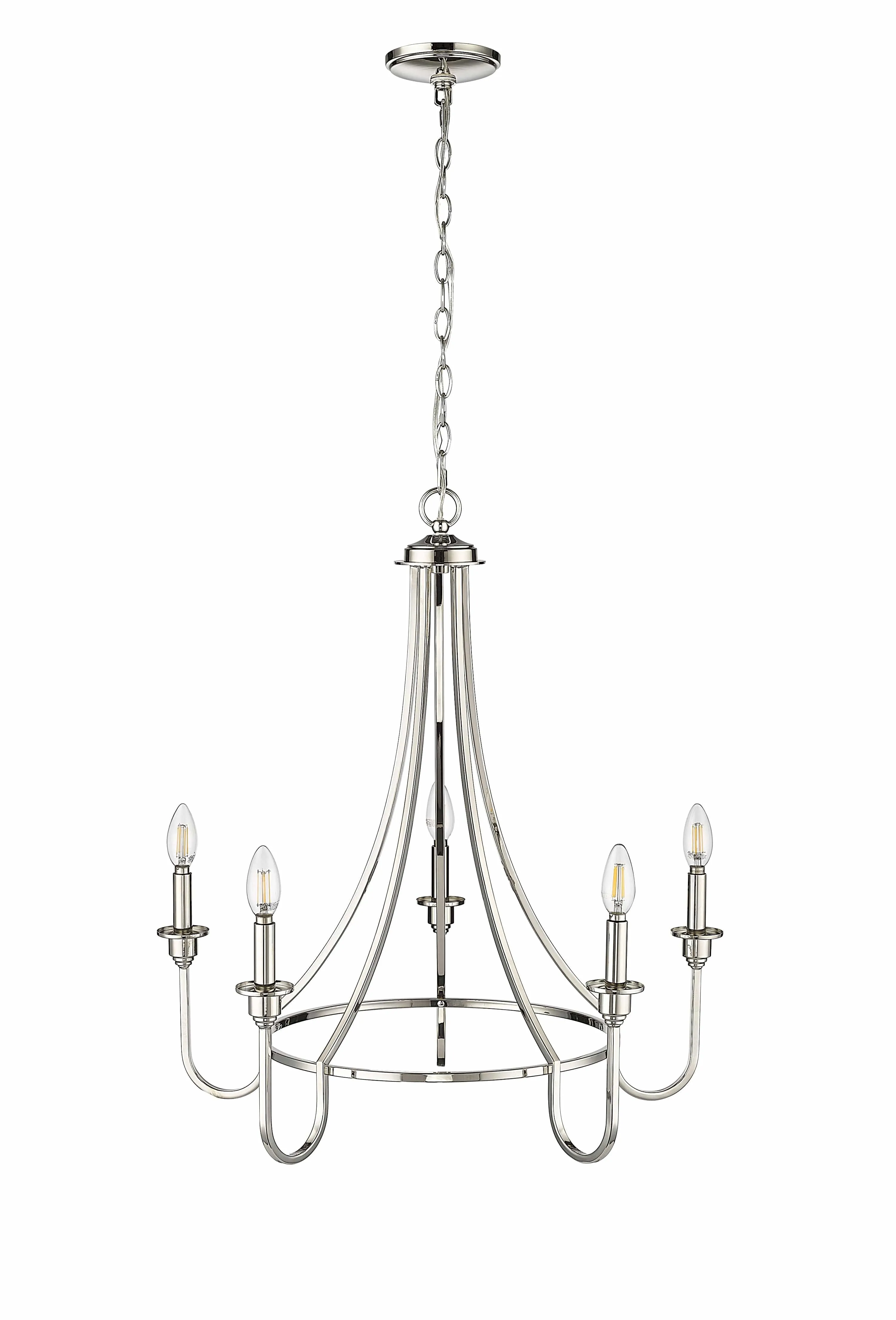 5 Lamps Artemis Chandelier - Polished Nickel - White Fabric Shade - 26in Diameter - E12 Candelabra Base