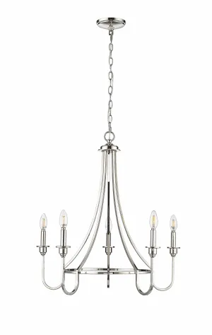 5 Lamps Artemis Chandelier - Polished Nickel - White Fabric Shade - 26in Diameter - E12 Candelabra Base