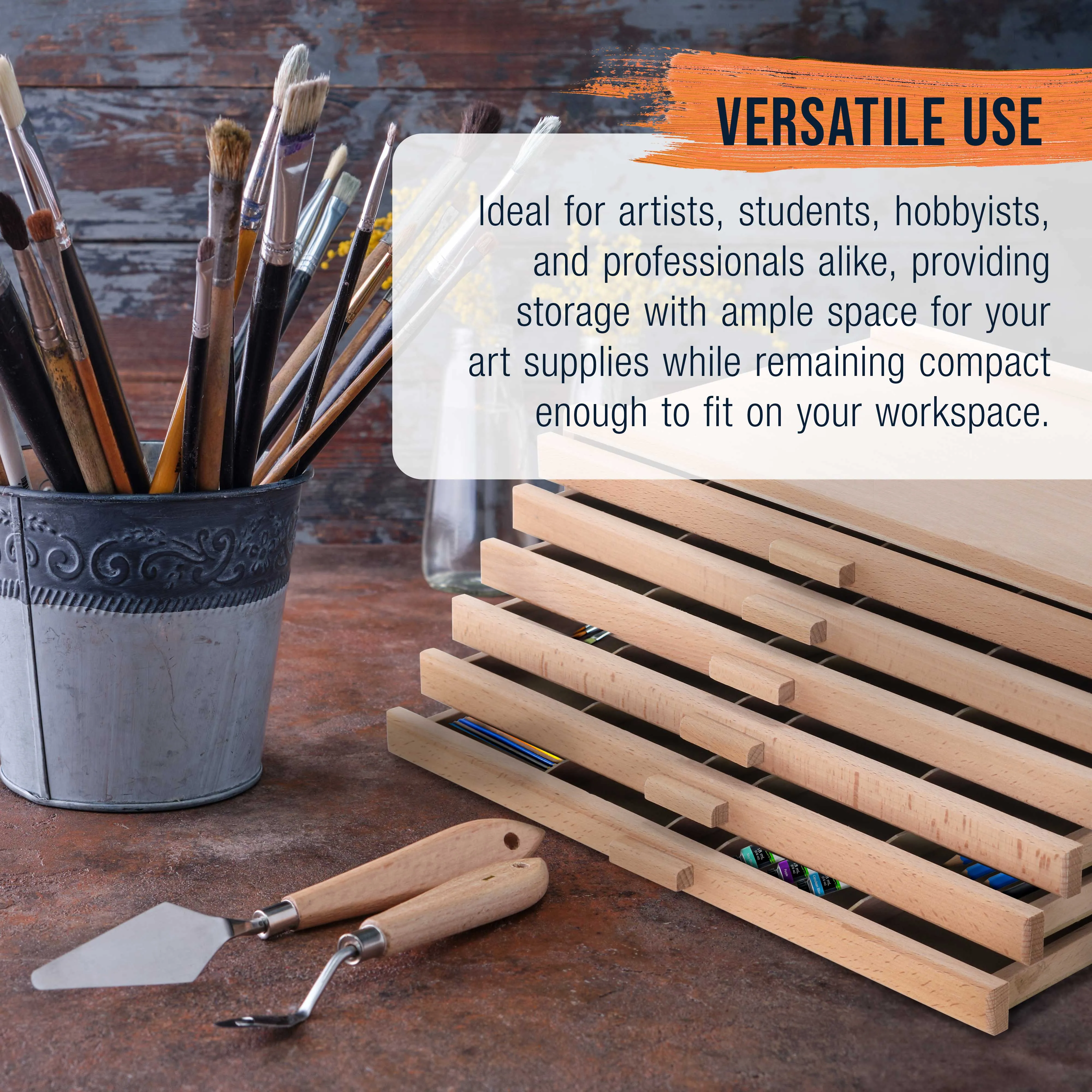 6-Drawer Artist Wood Pastel, Pen, Marker Storage Box - Elm Hardwood Construction, 5 Compartments per Drawer - Ideal for Pastels, Pens, Pencils, Charcoal, Blending Tools