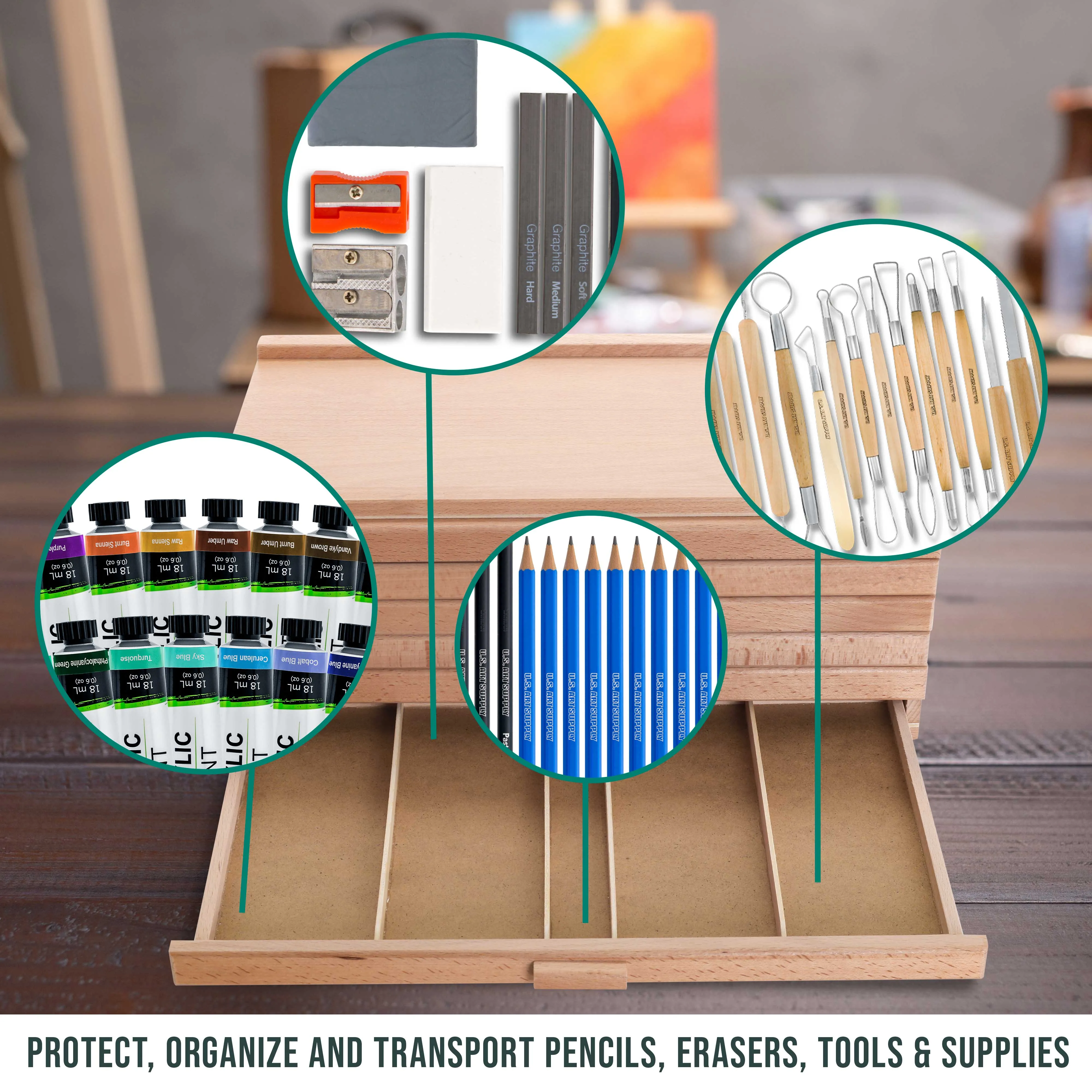 6-Drawer Artist Wood Pastel, Pen, Marker Storage Box - Elm Hardwood Construction, 5 Compartments per Drawer - Ideal for Pastels, Pens, Pencils, Charcoal, Blending Tools