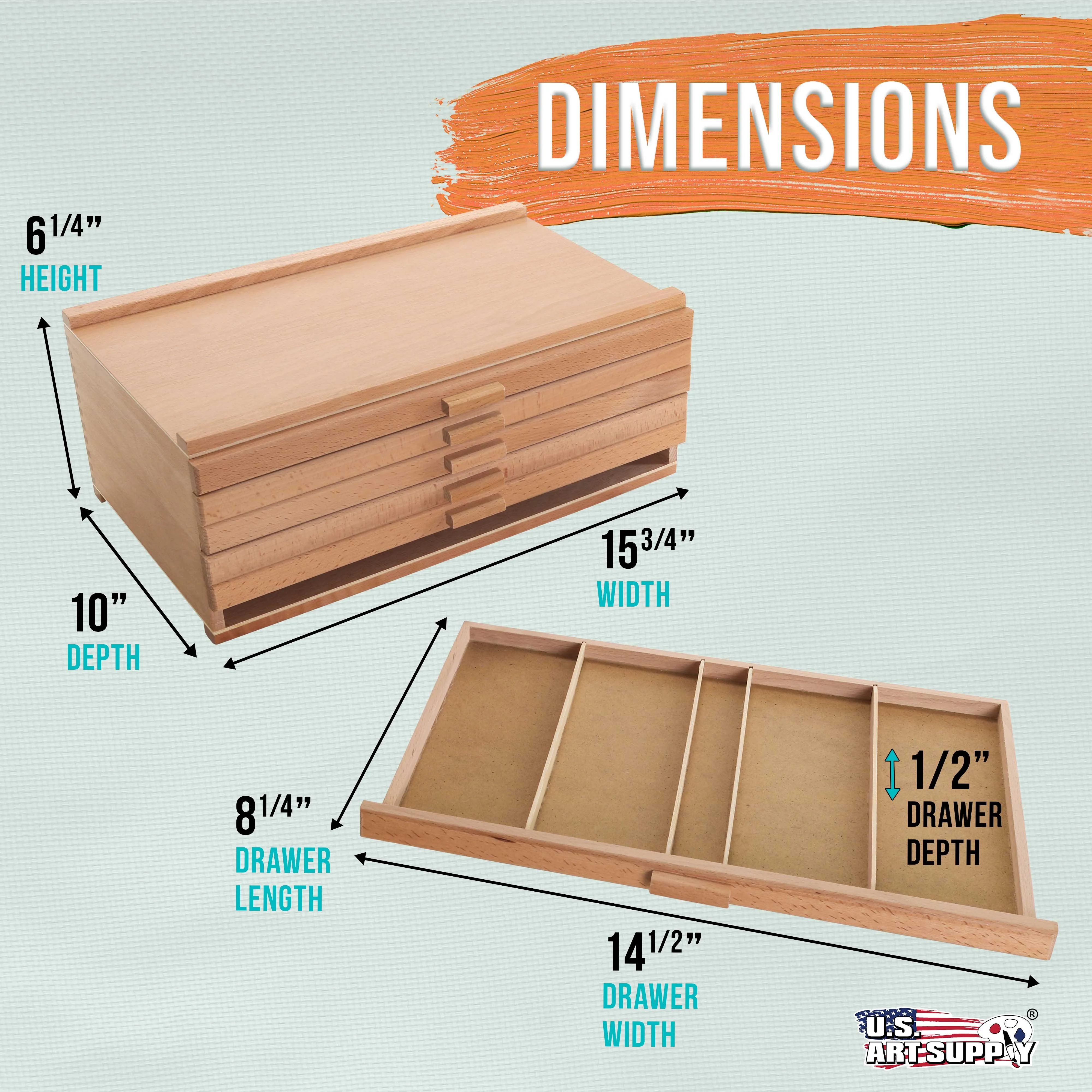 6-Drawer Artist Wood Pastel, Pen, Marker Storage Box - Elm Hardwood Construction, 5 Compartments per Drawer - Ideal for Pastels, Pens, Pencils, Charcoal, Blending Tools