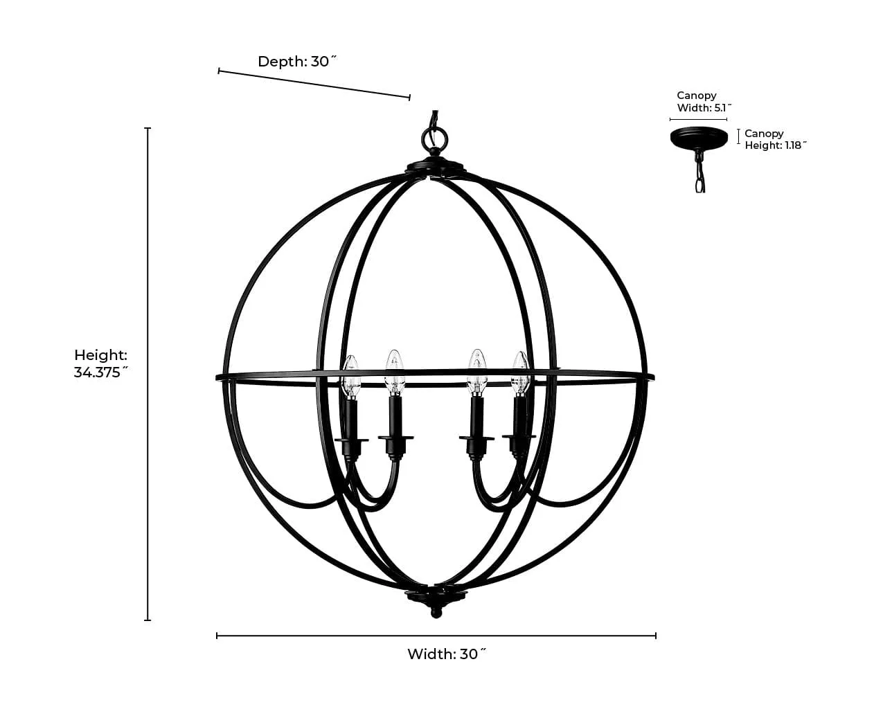6 Lamps Artemis Chandelier - Matte Black - White Fabric Shade - 30in Diameter - E12 Candelabra Base