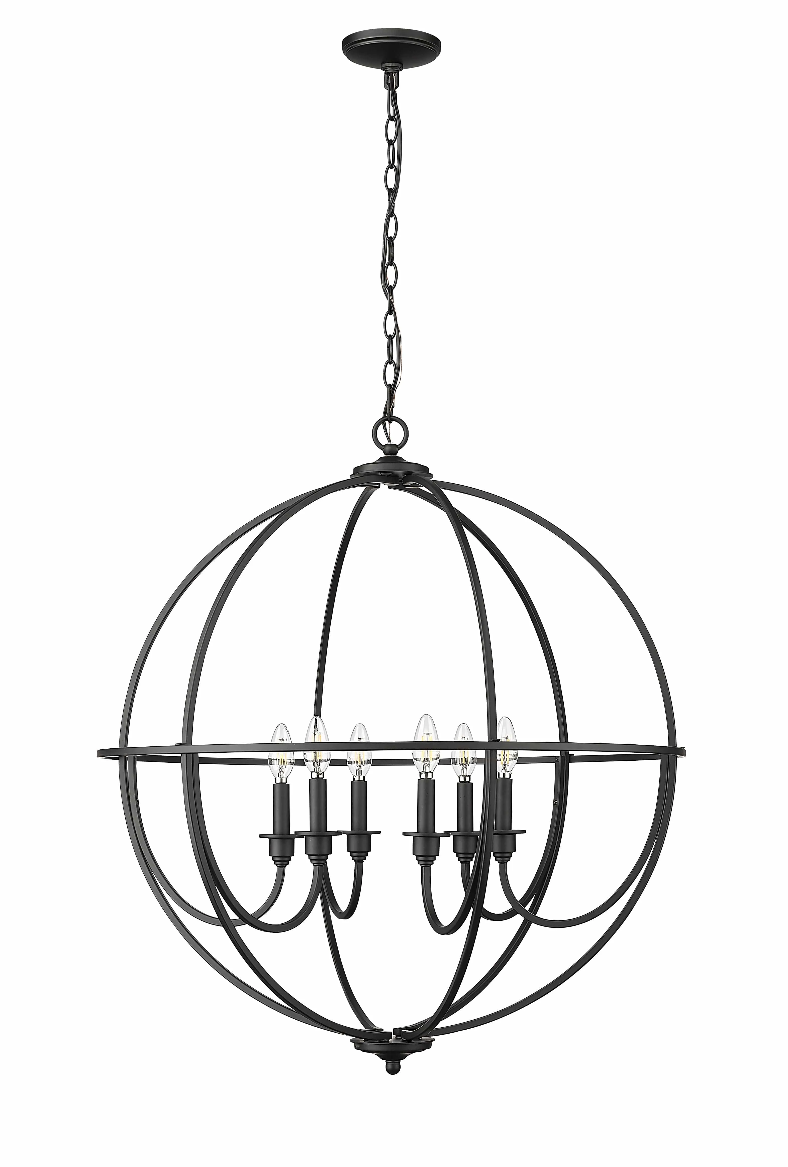 6 Lamps Artemis Chandelier - Matte Black - White Fabric Shade - 30in Diameter - E12 Candelabra Base