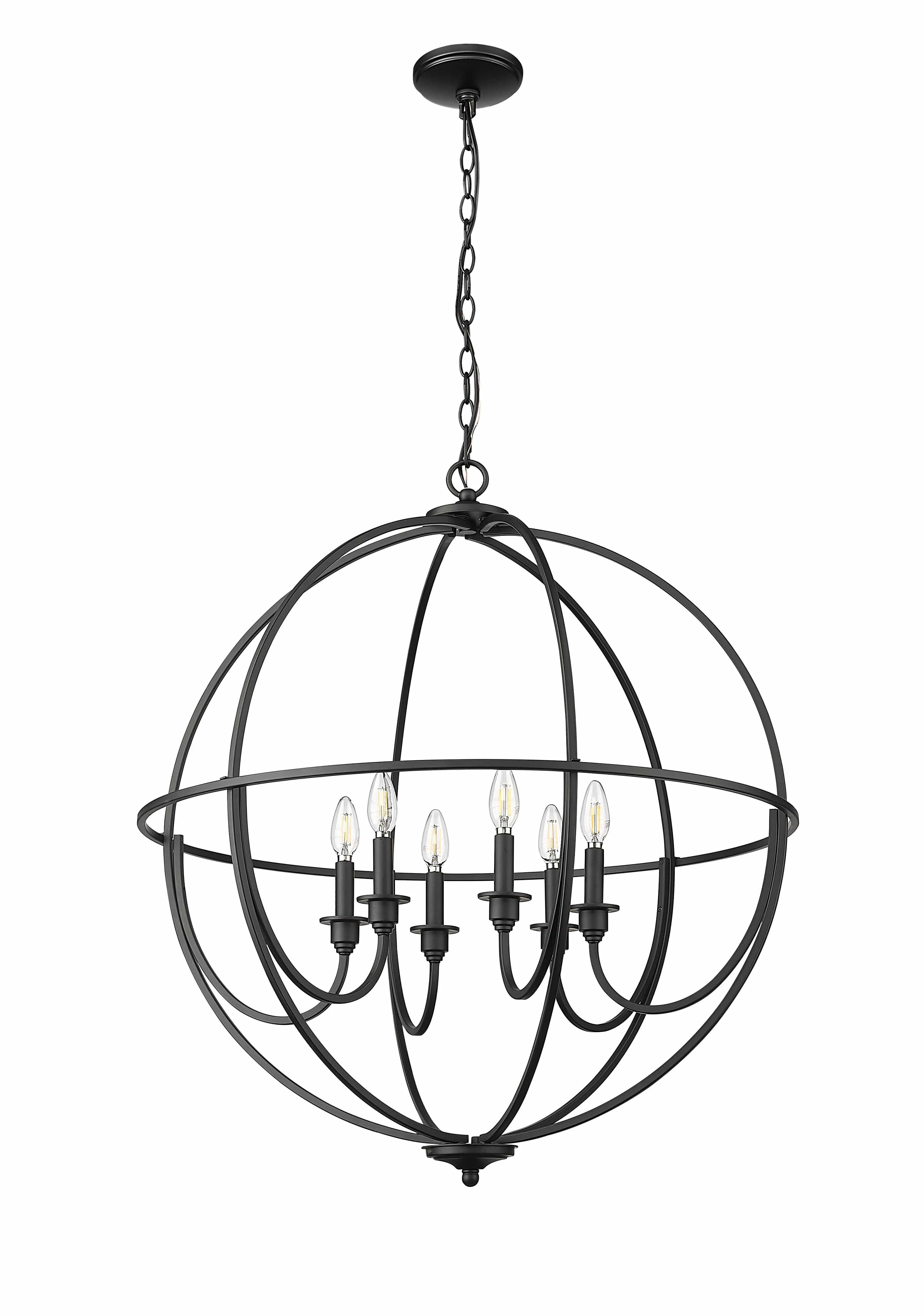 6 Lamps Artemis Chandelier - Matte Black - White Fabric Shade - 30in Diameter - E12 Candelabra Base