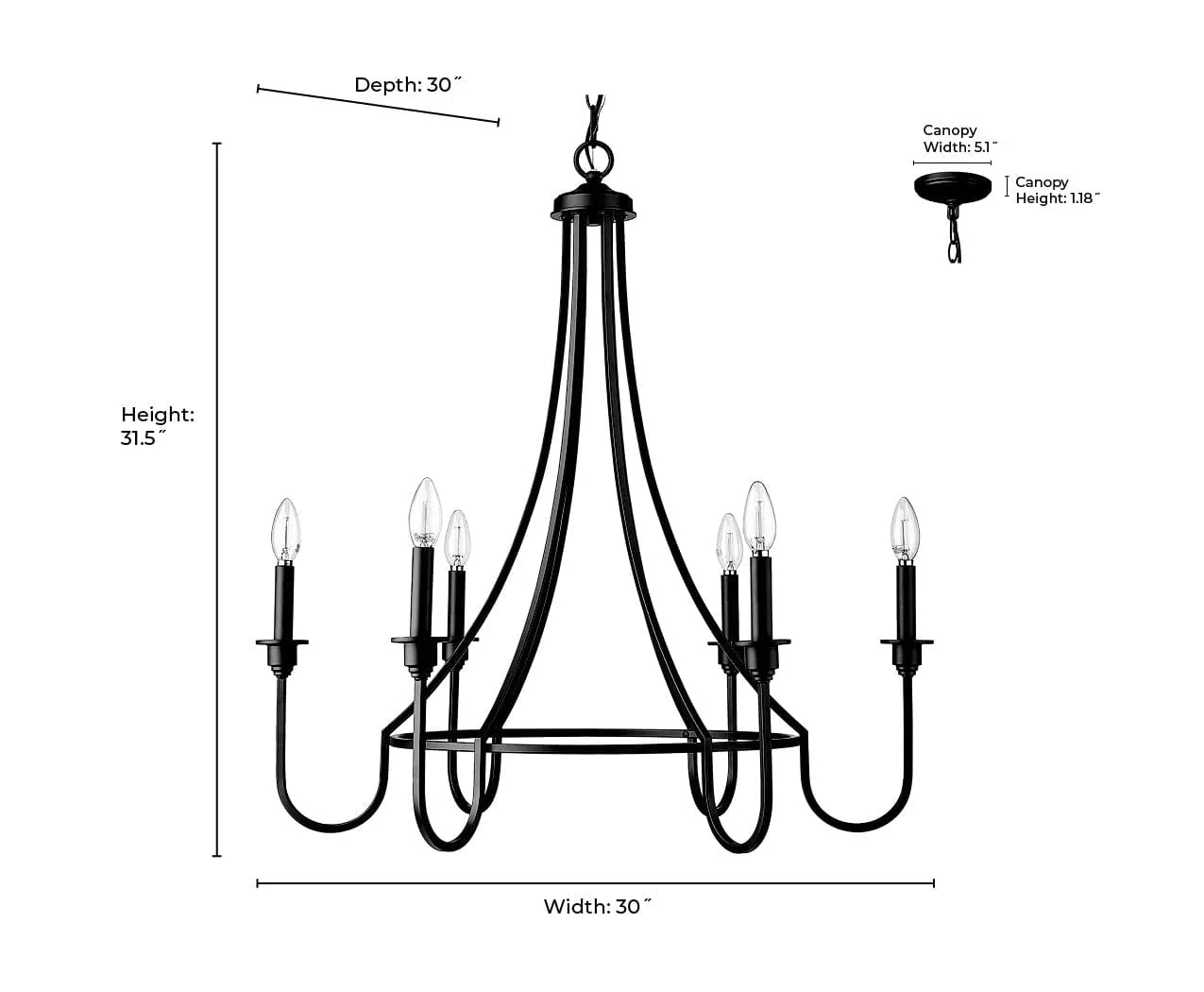 6 Lamps Artemis Chandelier - Polished Nickel - 30in Diameter - E12 Candelabra Base