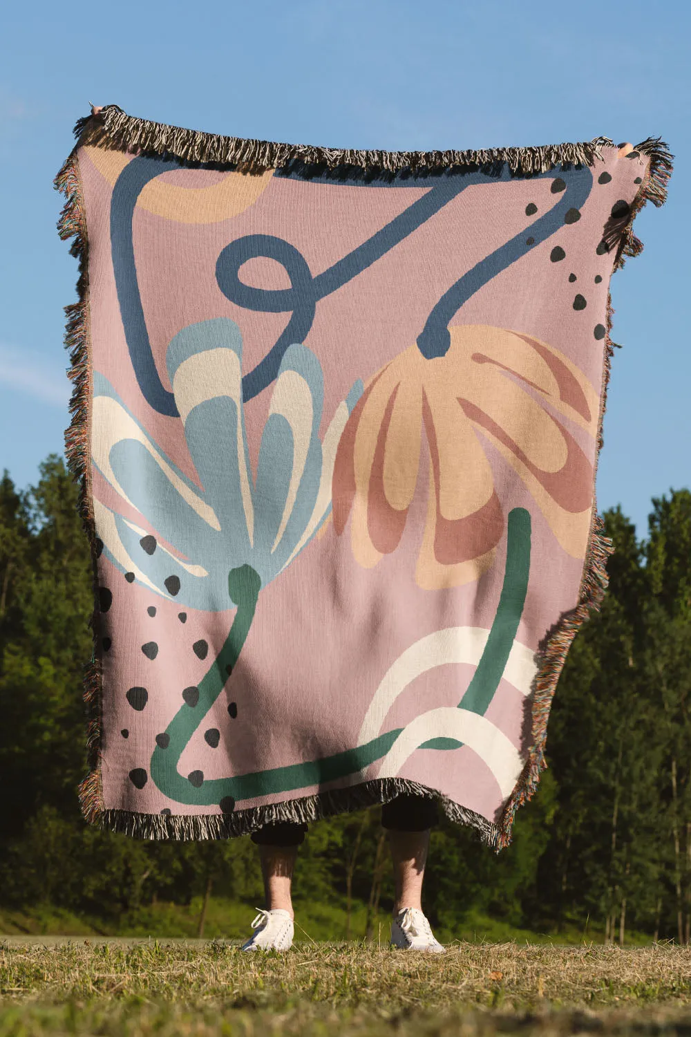 Abstract Floral Pink Cotton Woven Throw Blanket