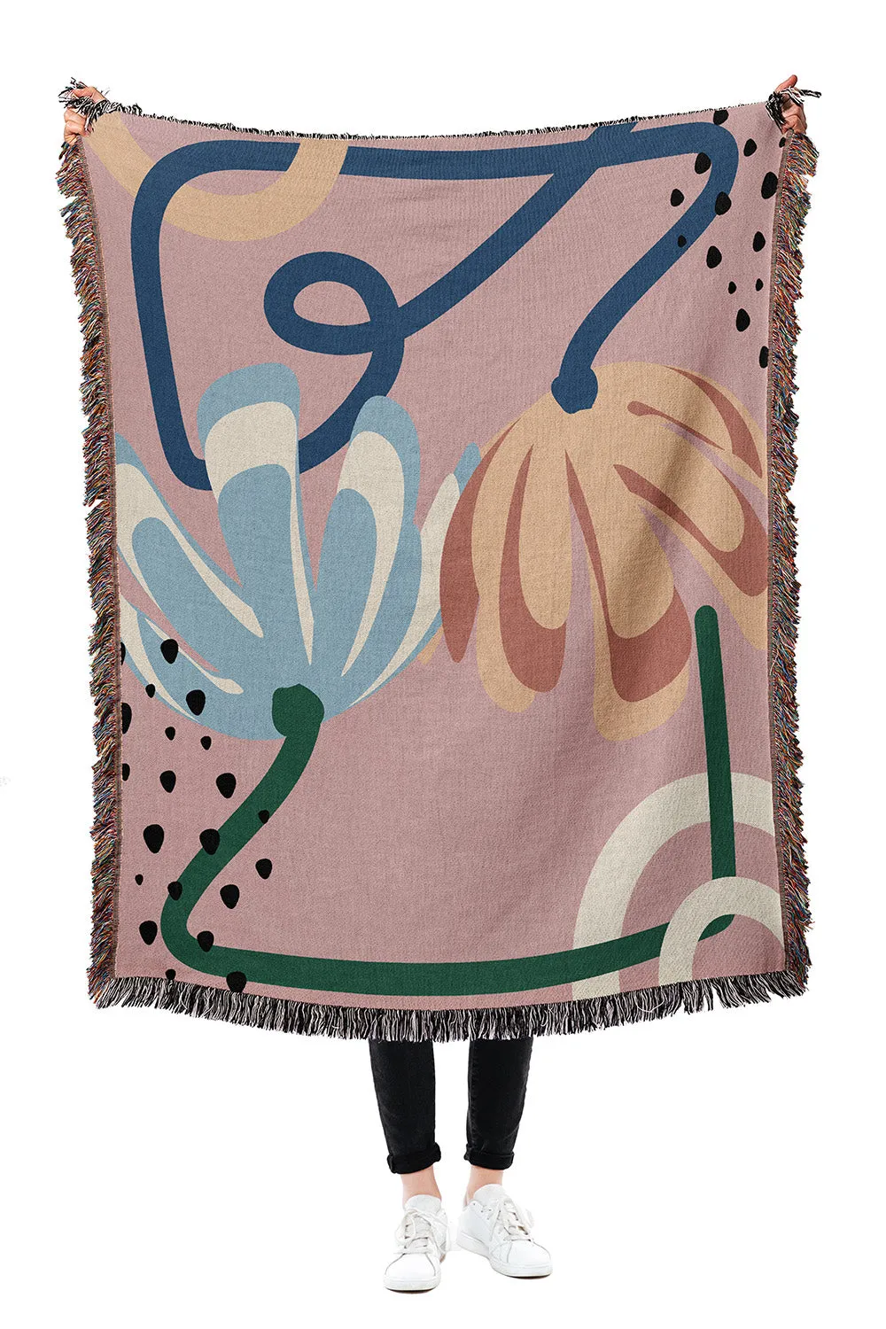 Abstract Floral Pink Cotton Woven Throw Blanket