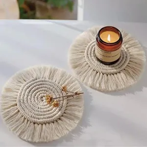 AHE Boho Circle Macramé Coaster Set of 2 with Fringe - Off-White - 5 Inch Diameter - Handcrafted Decorative Drink Coasters with Natural Fibers - Table Décor Accessories- 2 pcs