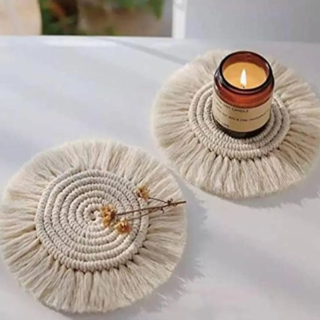 AHE Boho Circle Macramé Coaster Set of 2 with Fringe - Off-White - 5 Inch Diameter - Handcrafted Decorative Drink Coasters with Natural Fibers - Table Décor Accessories- 2 pcs