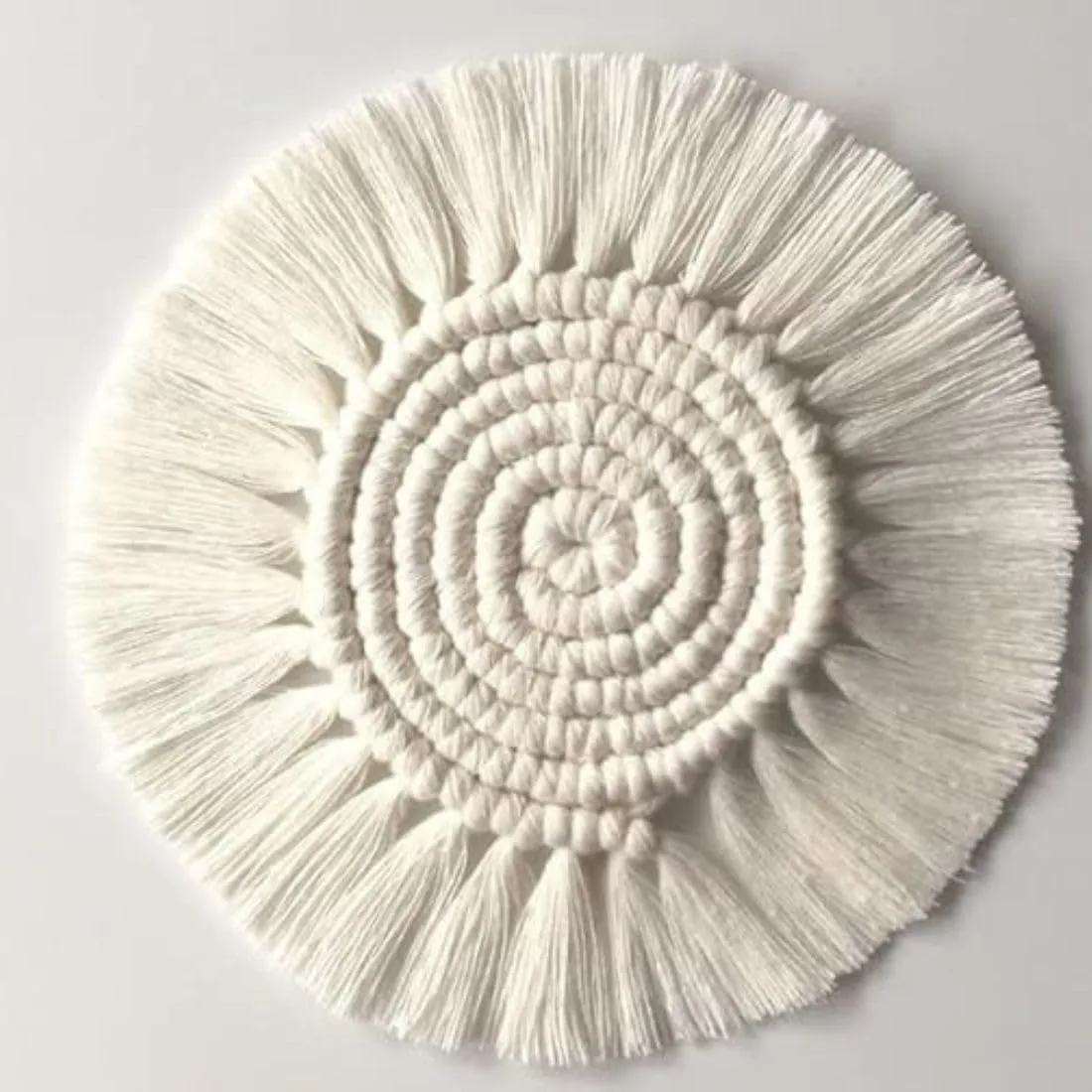 AHE Boho Circle Macramé Coaster Set of 2 with Fringe - Off-White - 5 Inch Diameter - Handcrafted Decorative Drink Coasters with Natural Fibers - Table Décor Accessories- 2 pcs