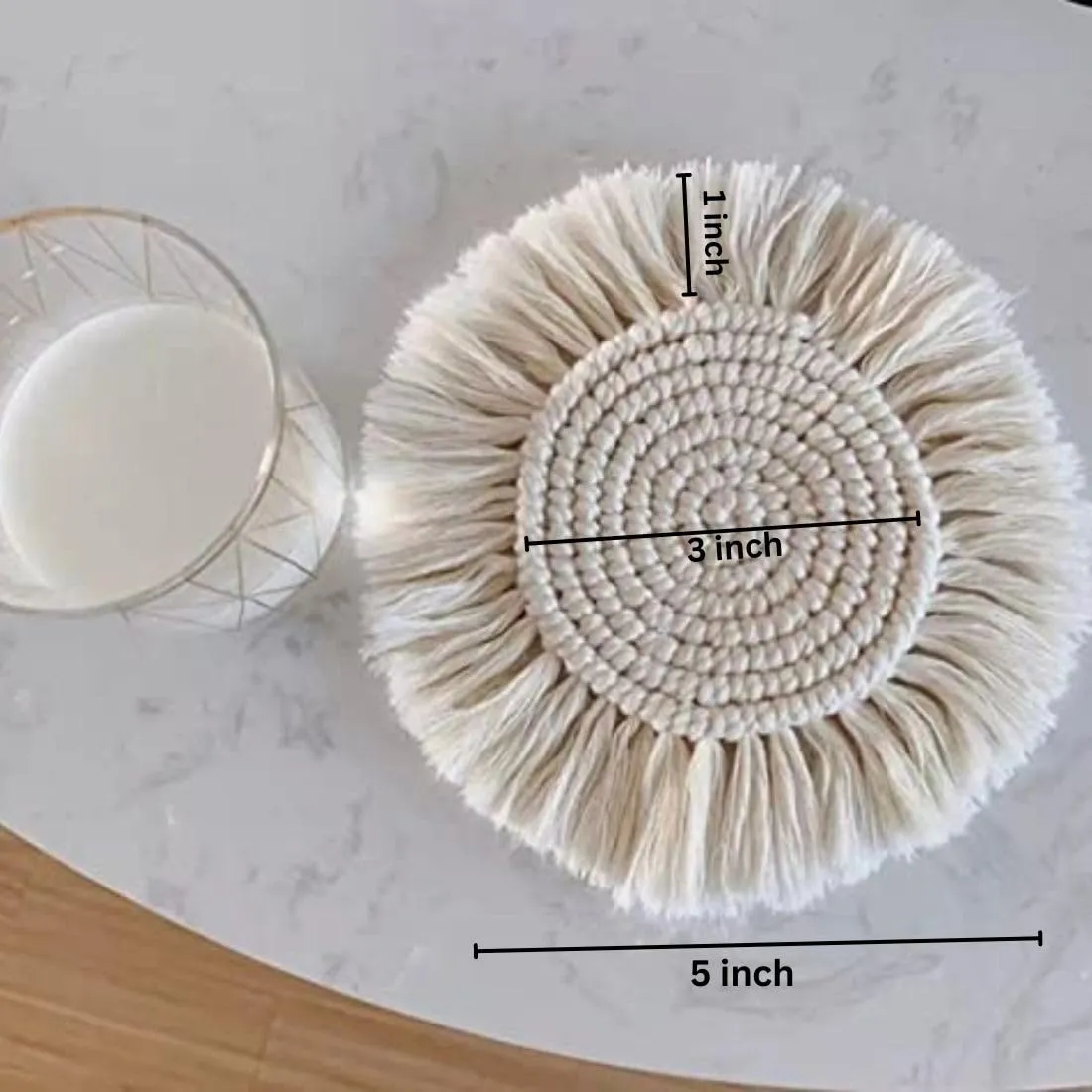 AHE Boho Circle Macramé Coaster Set of 2 with Fringe - Off-White - 5 Inch Diameter - Handcrafted Decorative Drink Coasters with Natural Fibers - Table Décor Accessories- 2 pcs