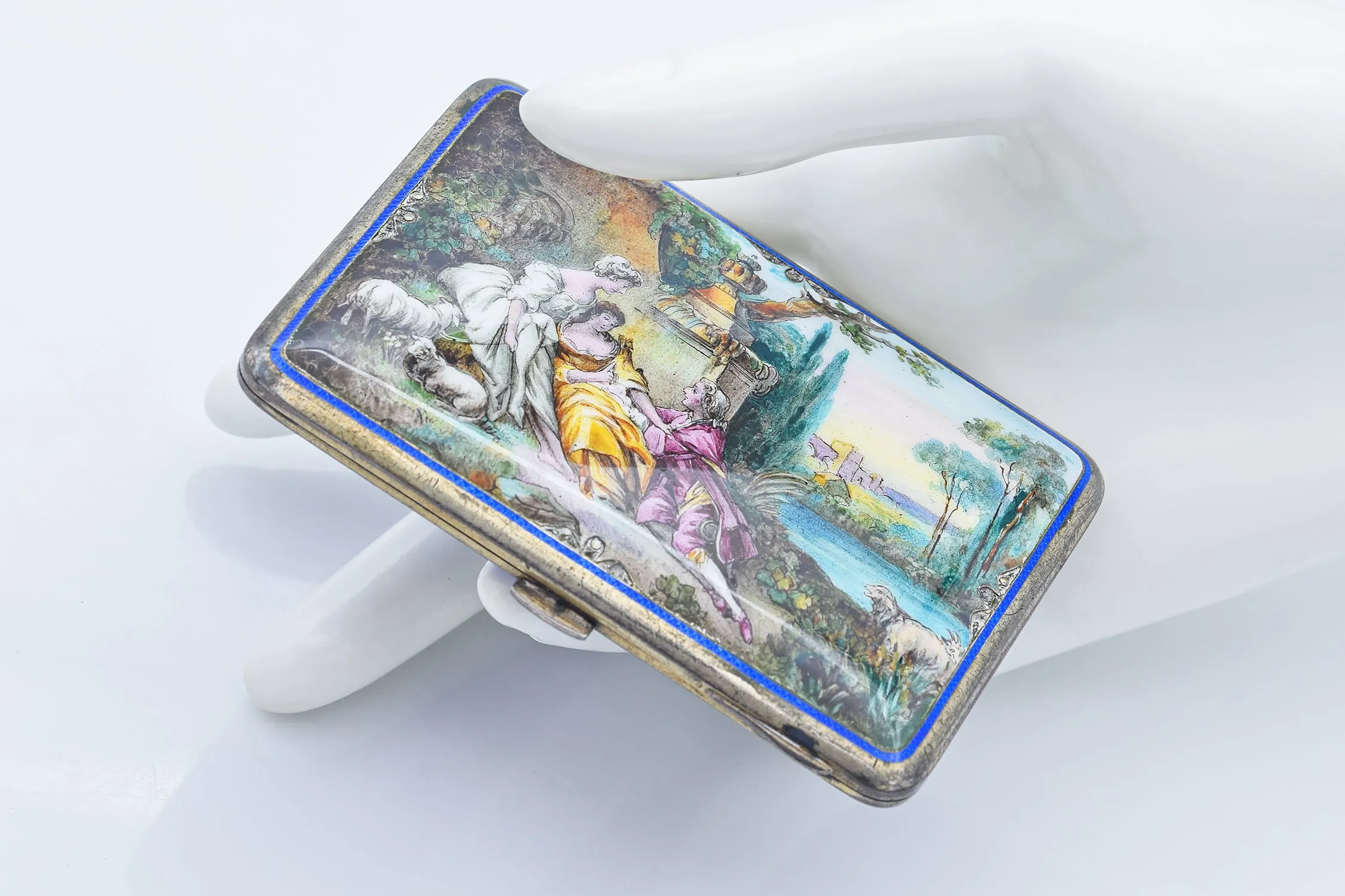 Antique 935 Sterling Silver Hand Painted Enamel Compact Box