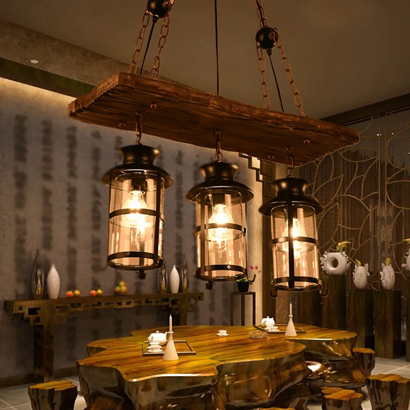 Antique Iron Lantern Chandelier for Commercial Restaurant Lighting with Wooden Pendant