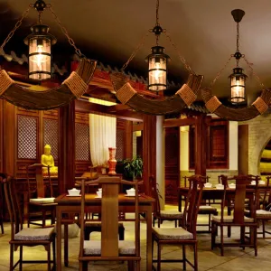 Antique Iron Lantern Chandelier for Commercial Restaurant Lighting with Wooden Pendant