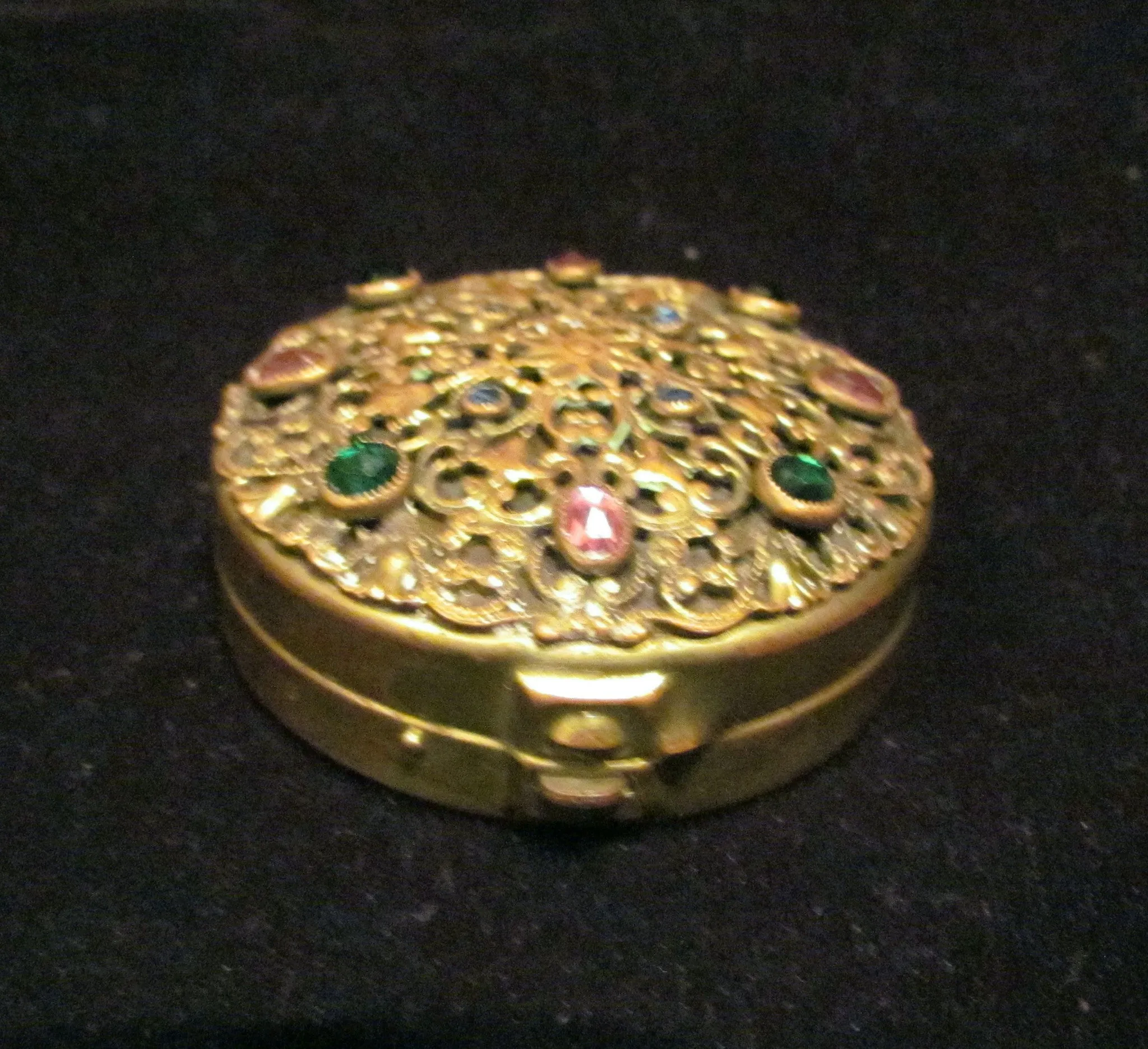 Antique Ormolu Jeweled Compact Unique Powder Box