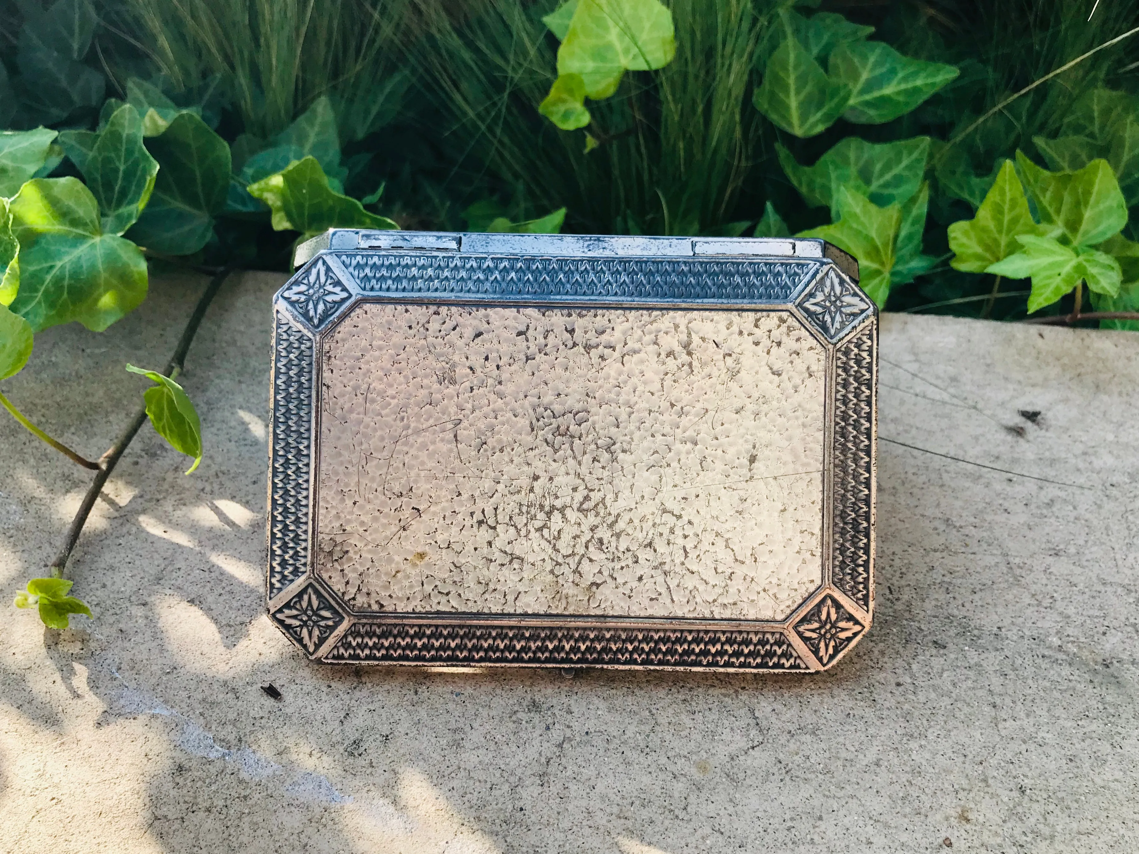 Antique Ornate Etched Silver Plated Deltah Compact Box Cigarette Container