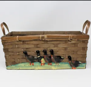 Basket, Hand Painted Ducks / Geese, Rectangular, Woven Philippines, Vintage