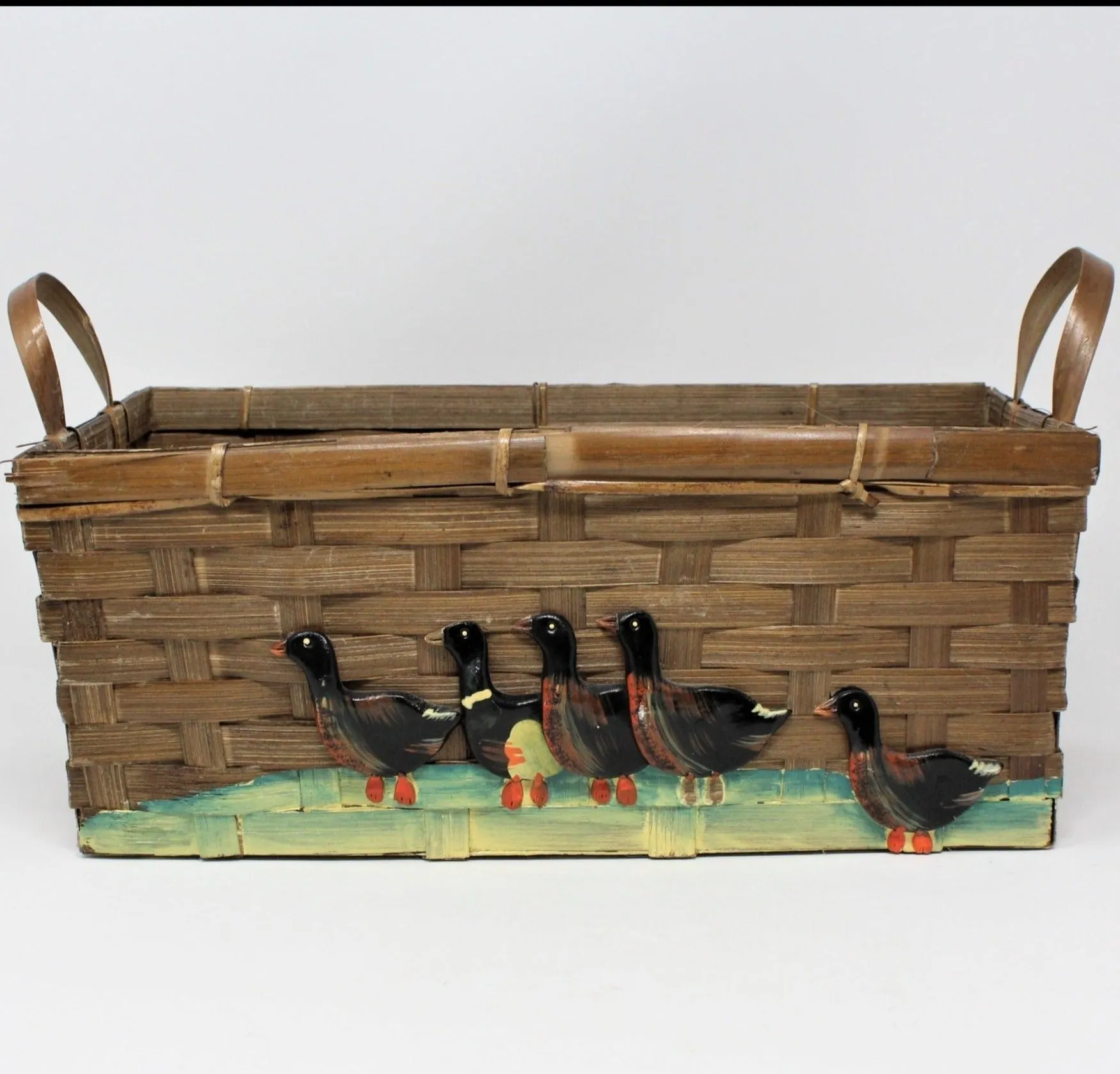 Basket, Hand Painted Ducks / Geese, Rectangular, Woven Philippines, Vintage