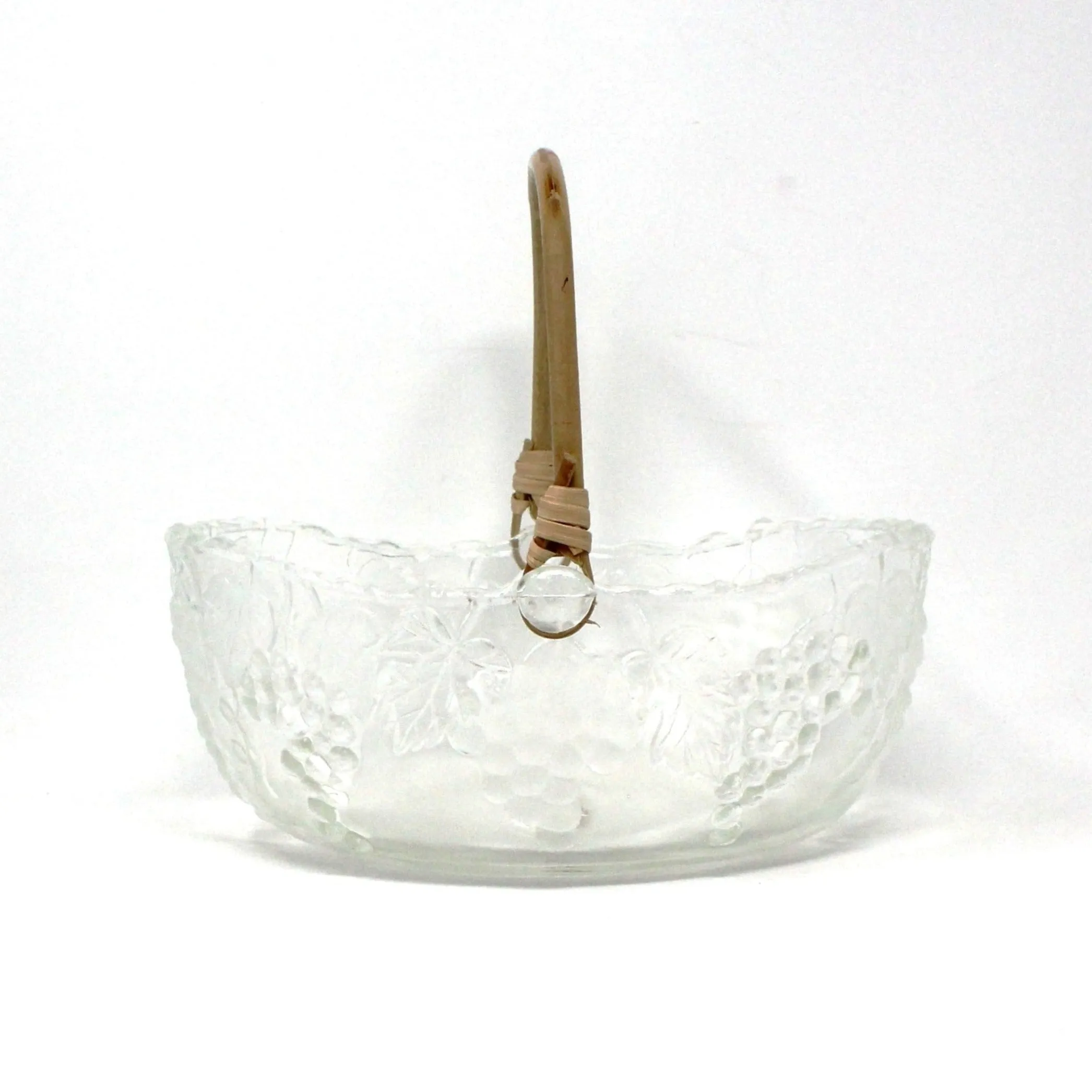 Basket, Vetreria Etrusca, Embossed Grapes Glass Basket with Bamboo Handle, Vintage Italy