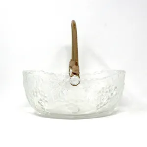 Basket, Vetreria Etrusca, Embossed Grapes Glass Basket with Bamboo Handle, Vintage Italy