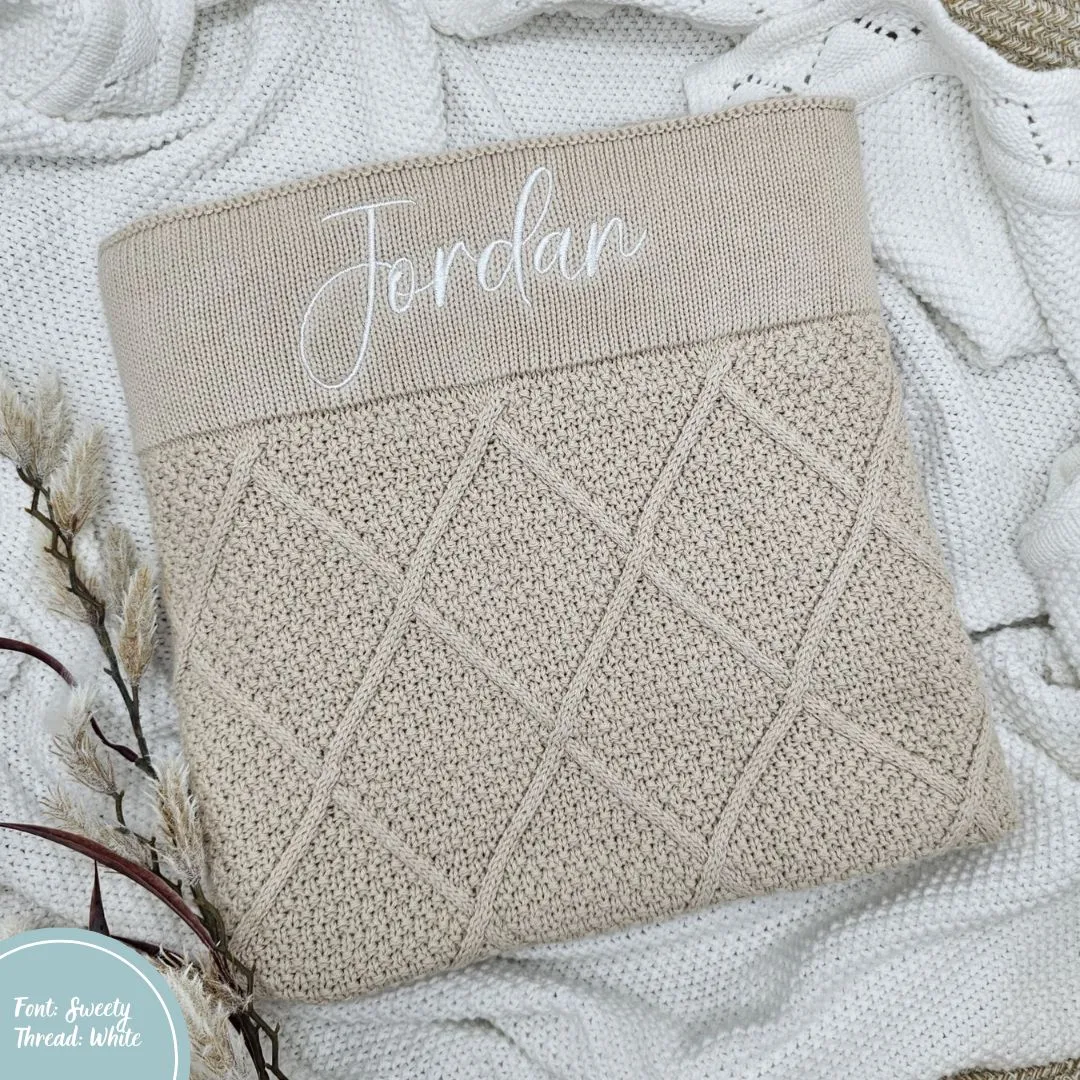 Beige Personalised Diamond Knit Baby Blanket