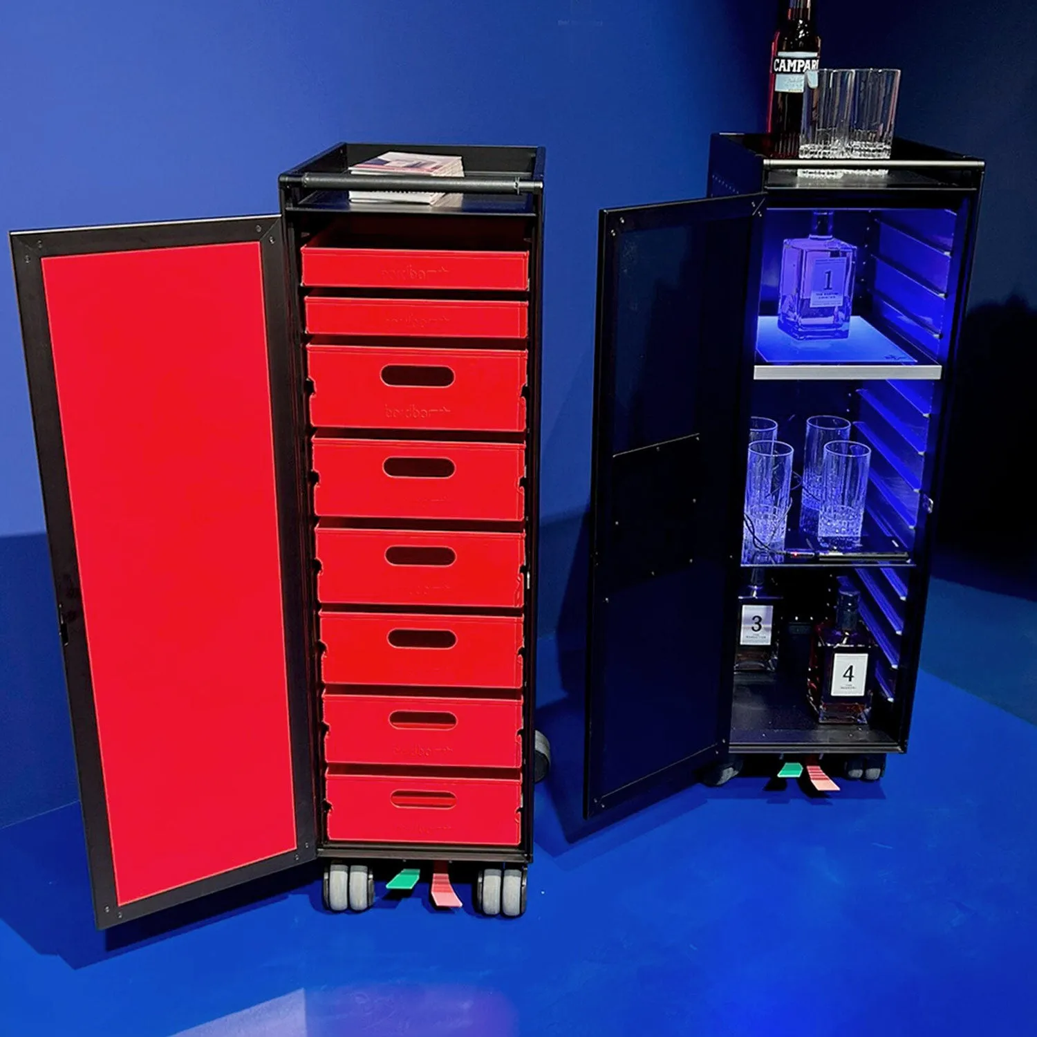 bordbar | voyager trolley | neon black   red drawers